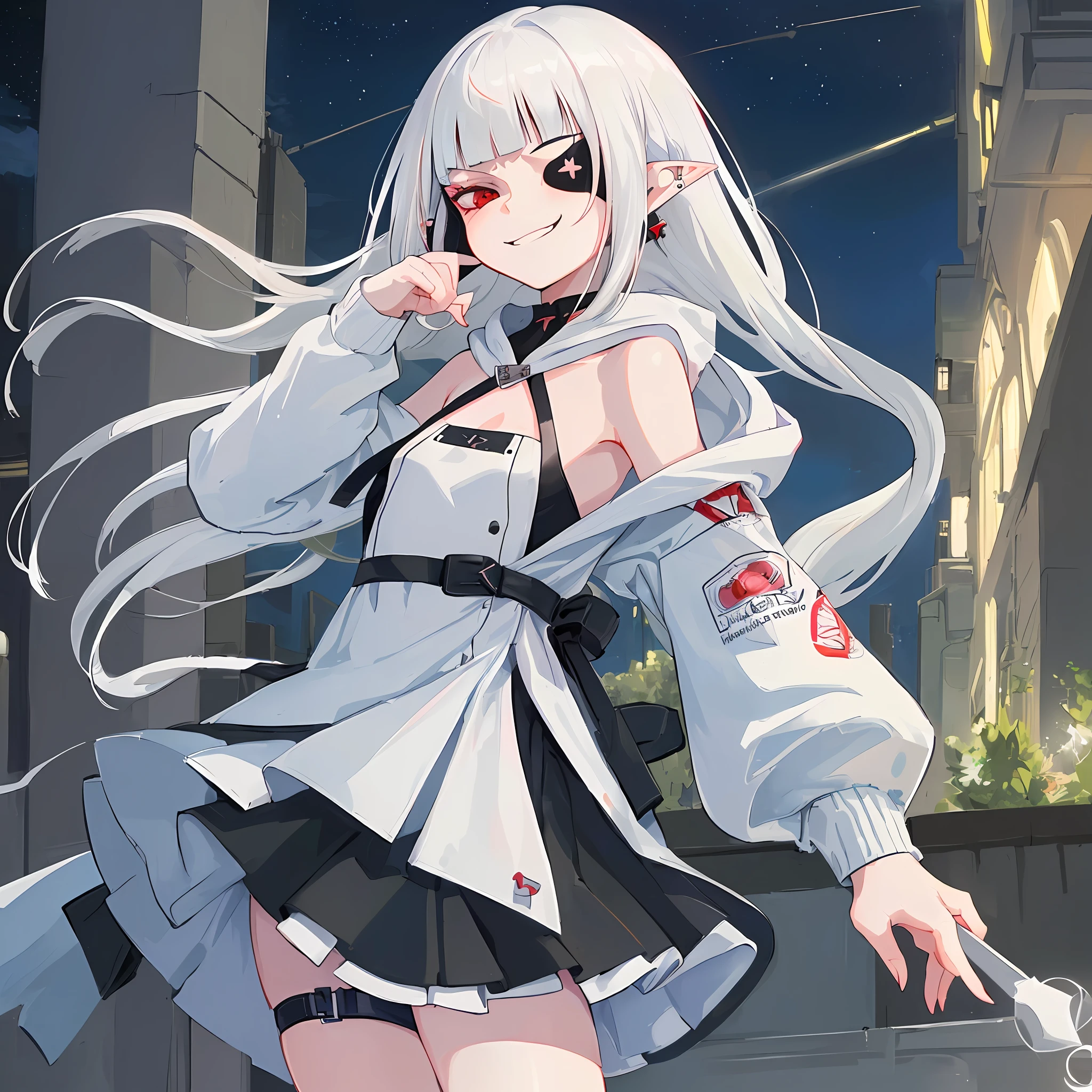 1girl, best quality, highly detailed, masterpiece, (((modern))), (modern outfit), ((hoodie)), (skirt), (solo), long white hair, red eyes, ((blunted bangs)), eyepatch, (((pointed ears))), (smirk), smug, ((flat chested)), perfect white haired girl, white haired deity, ((night))