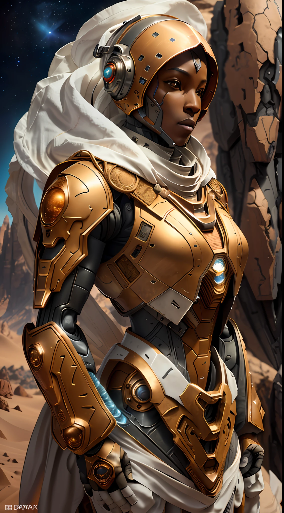 a man in a space suit standing in the desert, polycount contest winner, afrofuturism, 8k detail, wearing sci - fi cloak with hood, anfas portrait of a mech warrior, 8k octae render photo, retrofuturistic female android, red desert mars, detailed armor with white scarf, shading unreal engine 5