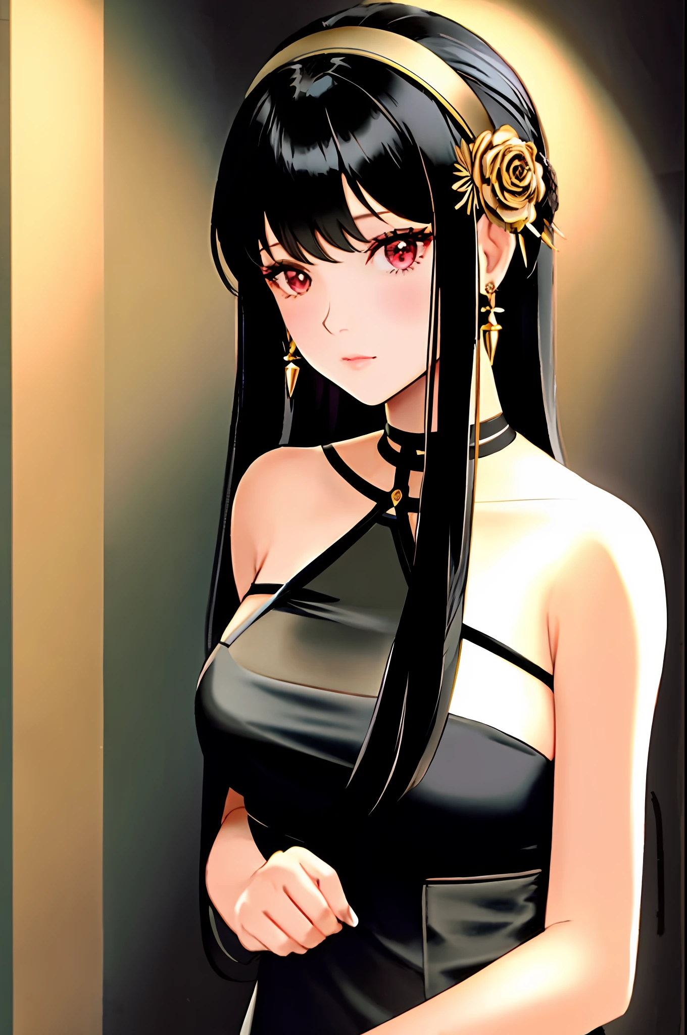 yor briar, 1girl, bare shoulders, black dress, black hair, breasts, closed mouth, dress, earrings, flower, hair flower, hair ornament, hairband, jewelry, medium breasts, long hair, looking at viewer, red eyes, sidelocks, sleeveless, solo, upper body, in room background, ((masterpiece))