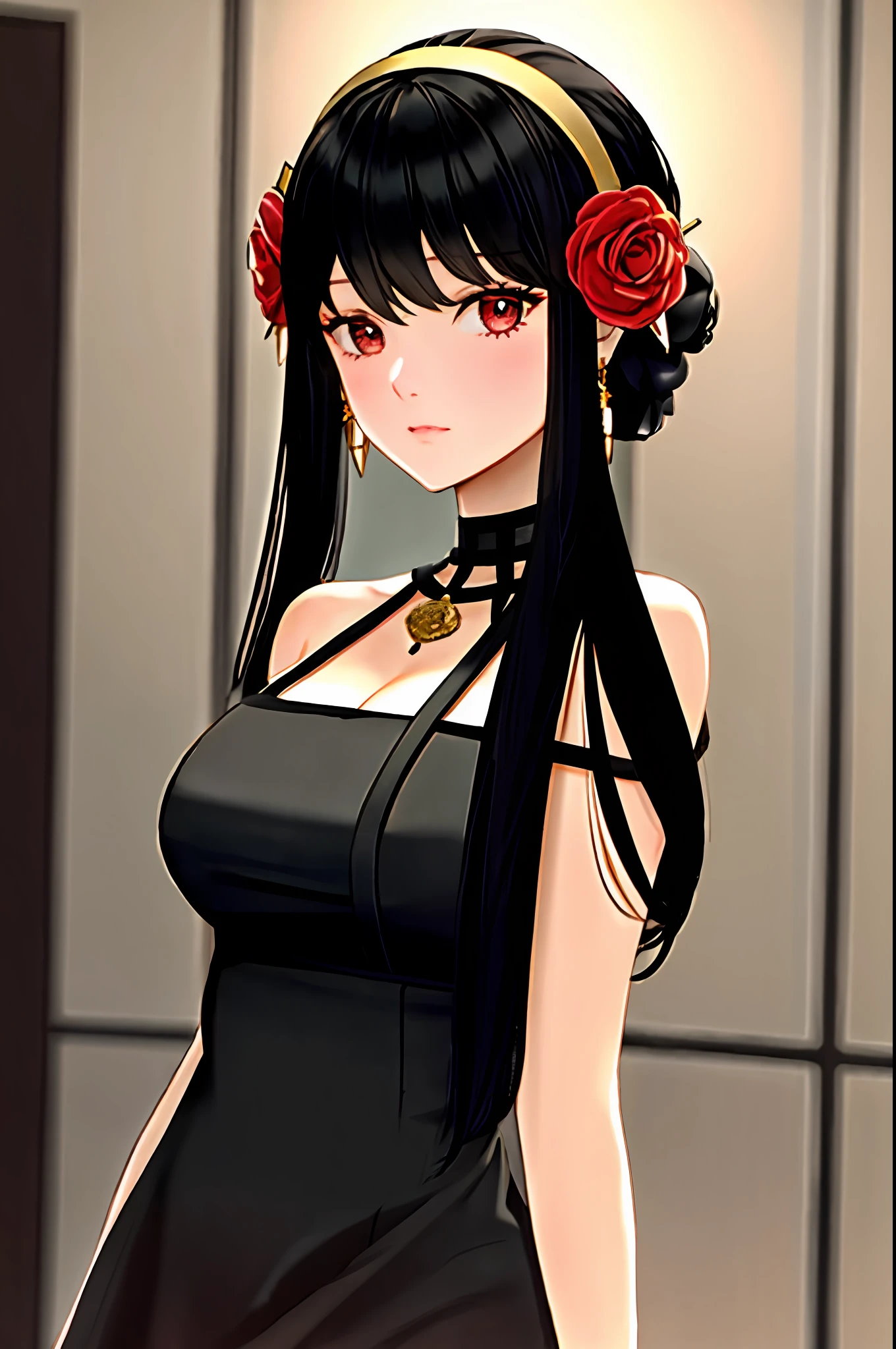 yor briar, 1girl, bare shoulders, black dress, black hair, breasts, closed mouth, dress, earrings, flower, hair flower, hair ornament, hairband, jewelry, medium breasts, long hair, looking at viewer, red eyes, sidelocks, sleeveless, solo, upper body, in room background, ((masterpiece))