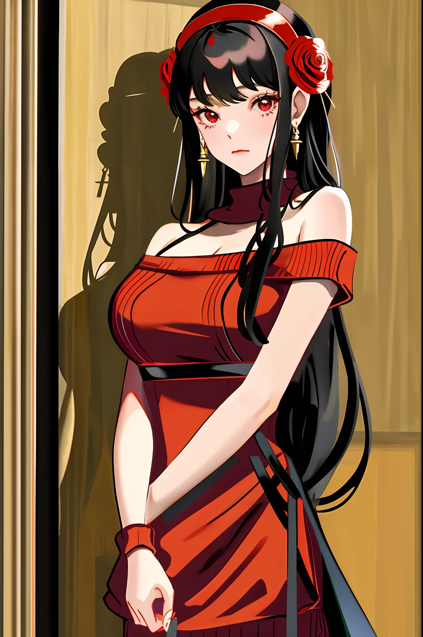 yor briar, 1girl, bare shoulders, red woll sweater, black hair, breasts, closed mouth, dress, earrings, flower, hair flower, hair ornament, hairband, jewelry, medium breasts, long hair, looking at viewer, red eyes, sidelocks, sleeveless, solo, upper body, in room background, ((masterpiece))