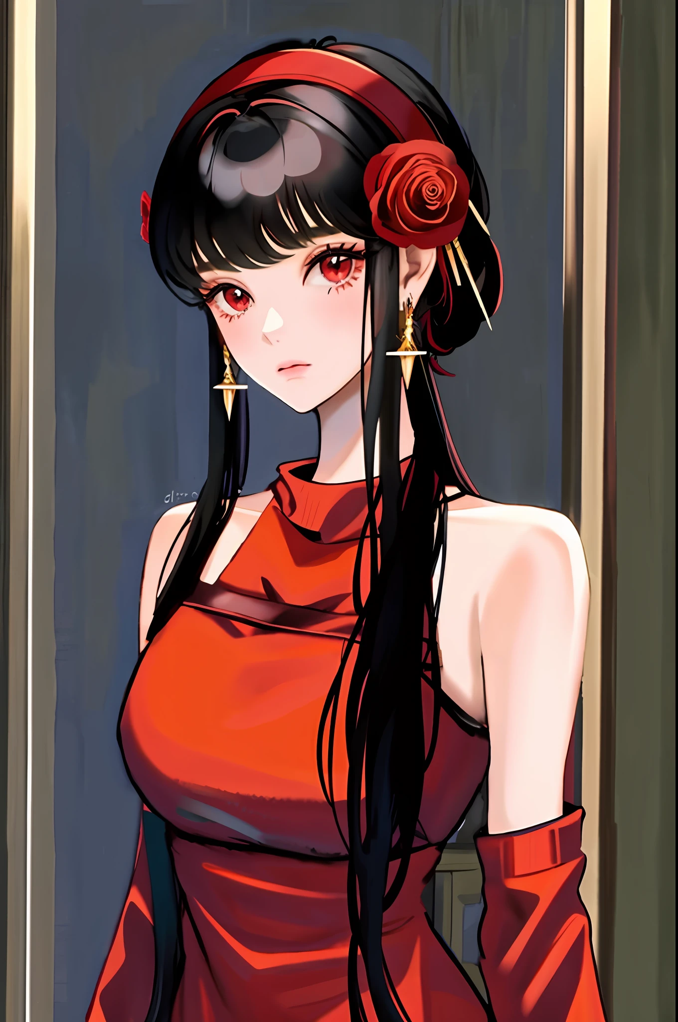 yor briar, 1girl, bare shoulders, red woll sweater, black hair, breasts, closed mouth, dress, earrings, flower, hair flower, hair ornament, hairband, jewelry, medium breasts, long hair, looking at viewer, red eyes, sidelocks, sleeveless, solo, upper body, in room background, ((masterpiece))