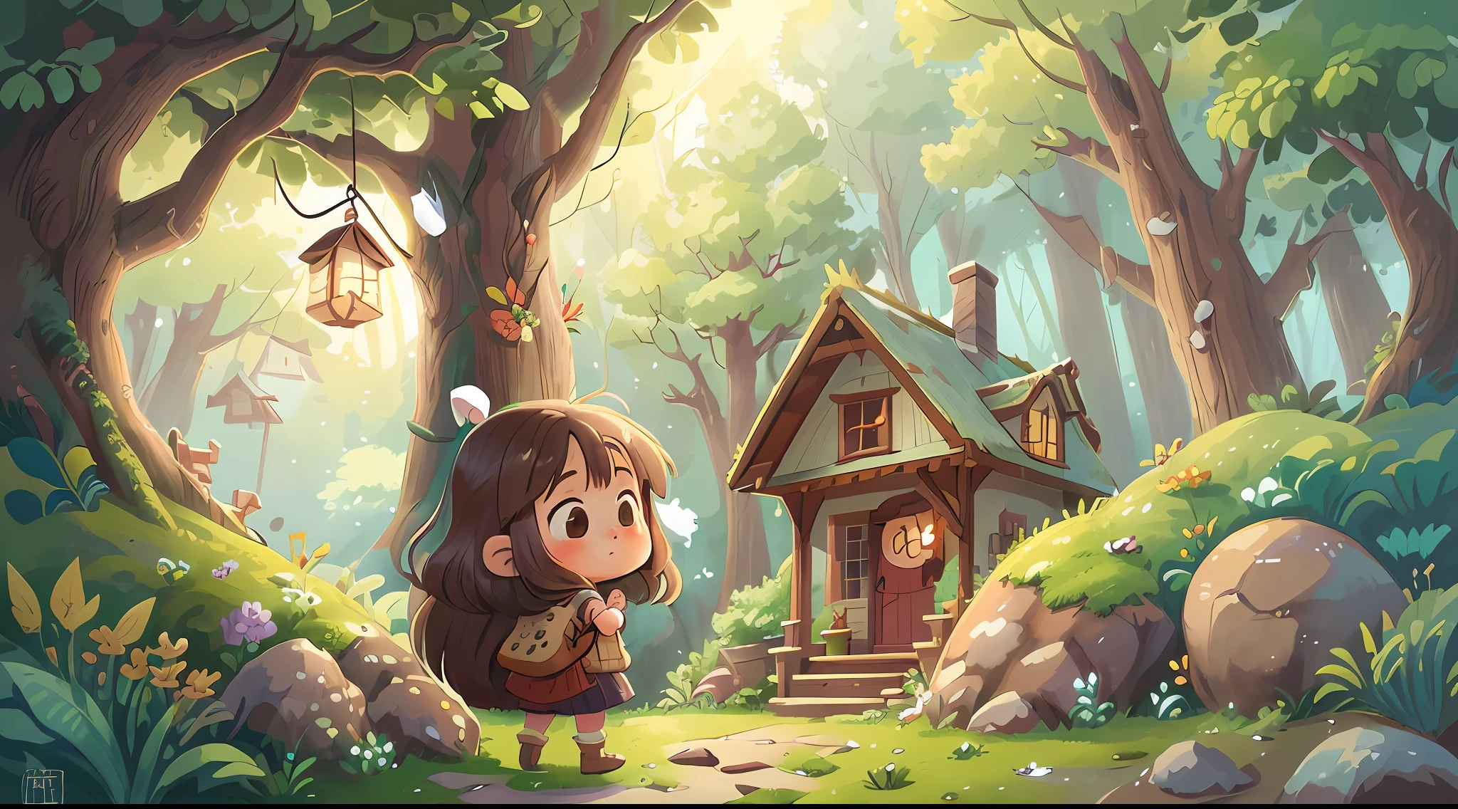 A girl standing at the door, back, long brown hair, simple and quaint wooden house, a house, in the woods, green stone and moss-paved facades, pitched roof and ancient red tile design, small porch and shaking wind chimes, vista, lots of trees and flowers, Han Yonghao's storybook illustration, pixiv, concept art, children's art in art station, Guvitz style art, cute digital painting, beautiful art illustration, Guvitz in art station pixiv, Guwiz in pixiv art station, Lovely detailed digital art