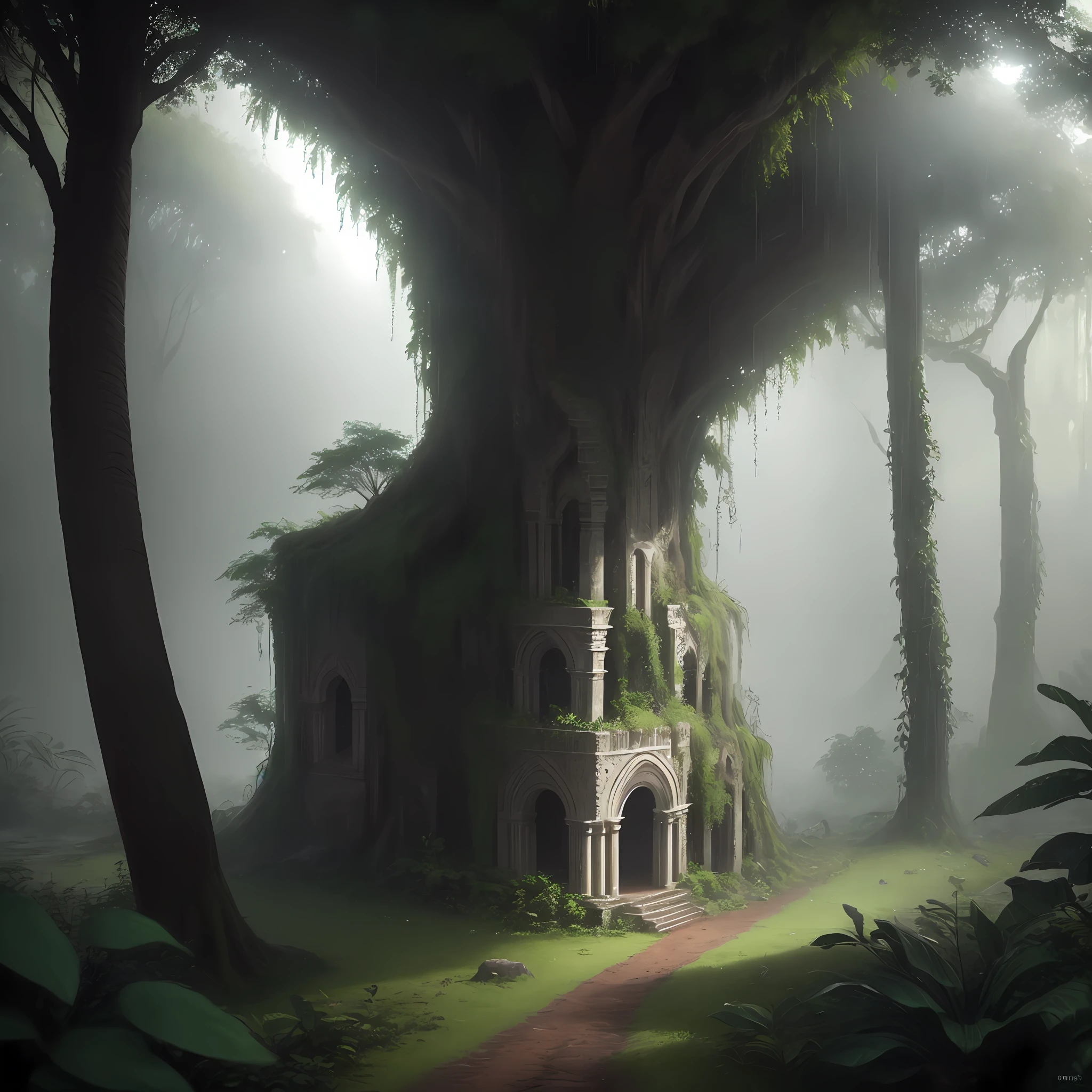 A jungle, with ancient ruins. heavy rain, monochrome, vines around, giant and wet trees, masterpiece, best quality, high quality, 8k unit wallpaper Extremely detailed CG, oil painting, award-winning photography, Bokeh, Depth of Field, HDR, bloom, Chromatic aberration, photorealistic, extremely detailed, trend in artstation, trend in CGsociety, intricate, high detail, dramatic, art in the middle of the journey, volumetric lighting