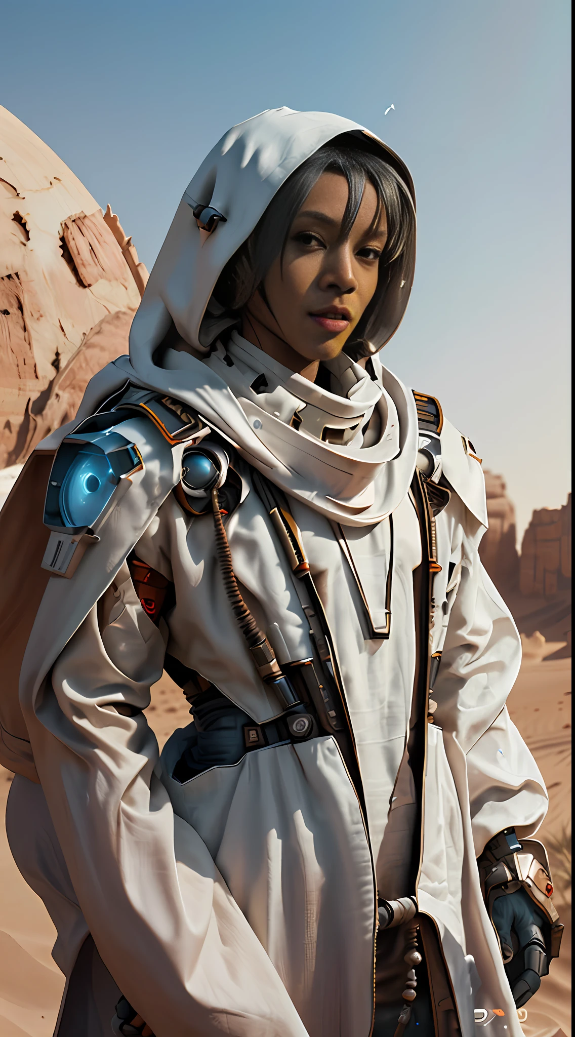 a man in a space suit standing in the desert, polycount contest winner, afrofuturism, 8k detail, wearing sci - fi cloak with hood, anfas portrait of a mech warrior, 8k octae render photo, retrofuturistic female android, red desert mars, detailed armor with white scarf, shading unreal engine 5