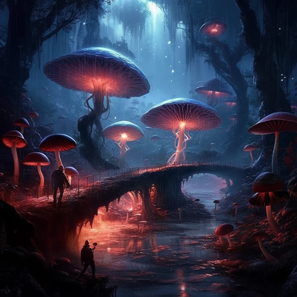 Fantasy, glowing mushrooms, forests, mysteries, scenes, mysterious underground worlds