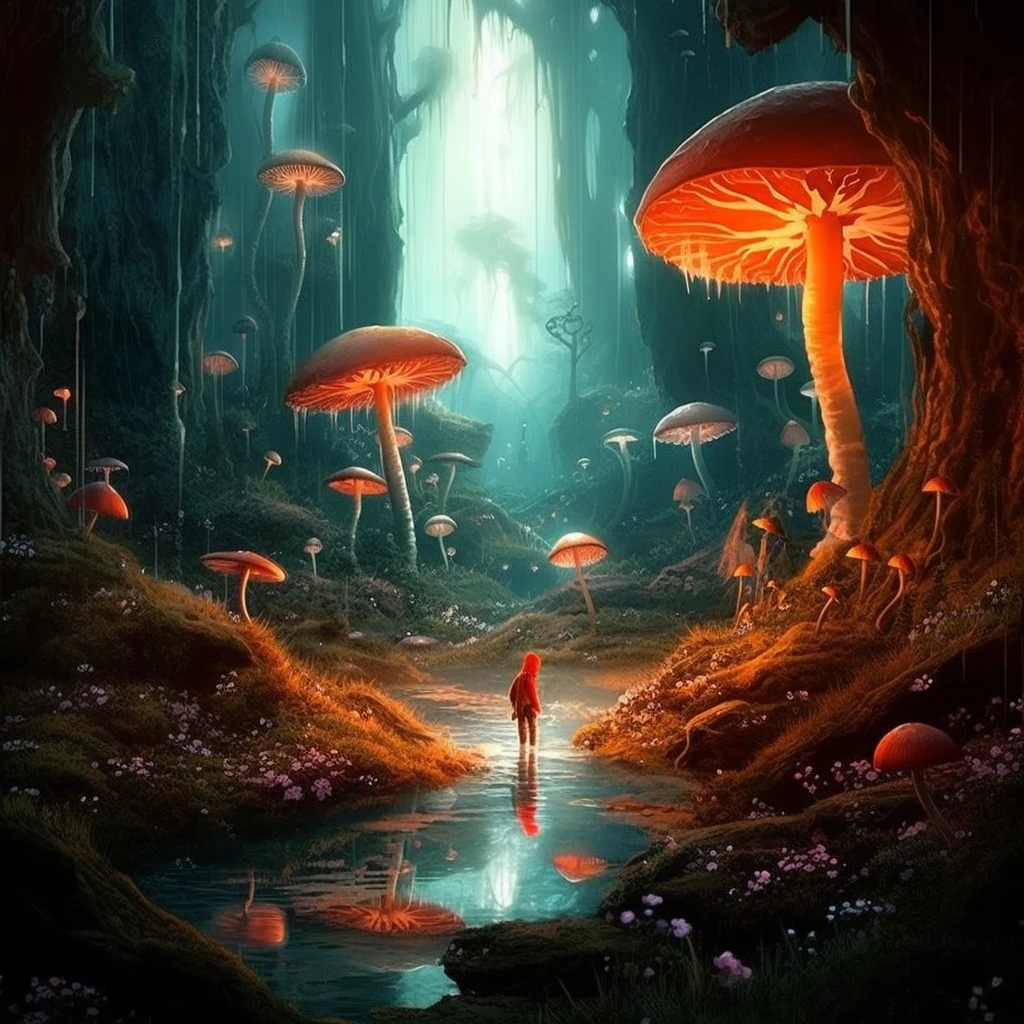 Fantasy, glowing mushrooms, forests, mysteries, scenes, mysterious underground worlds