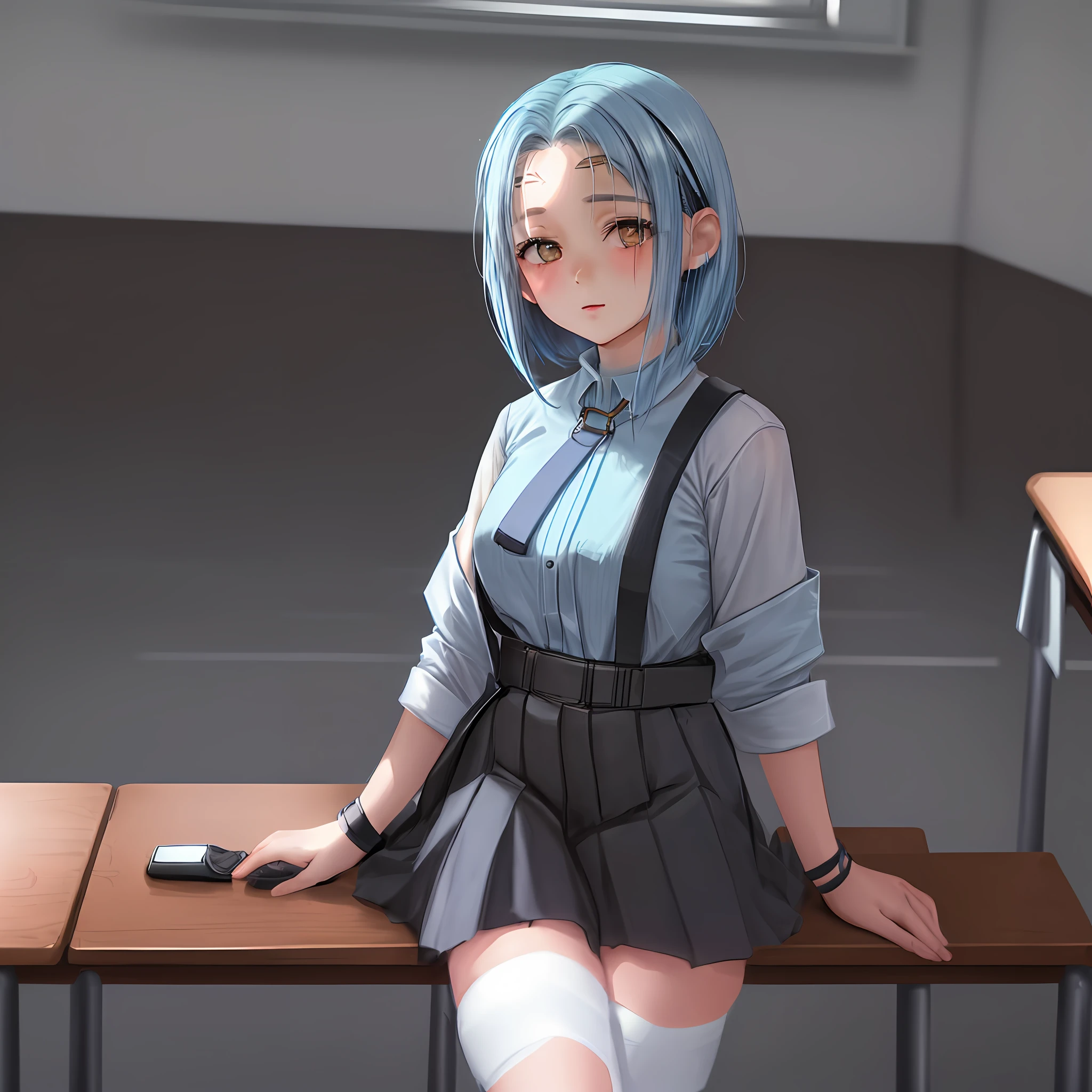 1 girl, uniform, in classroom, girder belt, light blue hair, black hair band, ashime bob, short hair, sitting on a chair