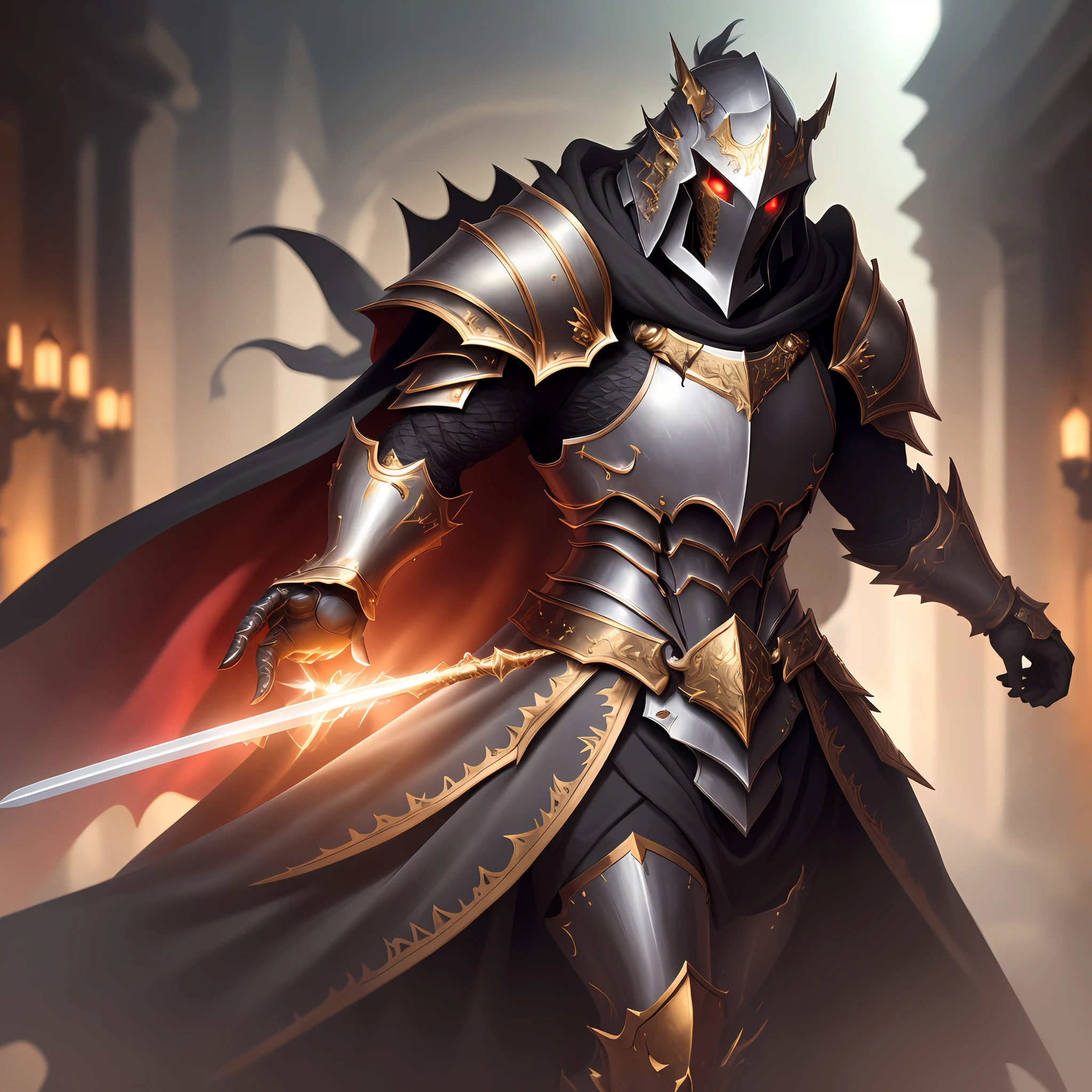 The highest quality, full body details, golden proportion, rags, masterpiece, dnd, monster ghost knight, armor, magic, sword, eldritch knight, heavy armor, magic, arcane knight, red cape, full body, human, sword, personal, full body, perfect face, amazing eyes, (bright black eyes), vivid details, (skin with many details), depth of field, (super detail, licata detail), sharp focus,  soft colors, 8k,