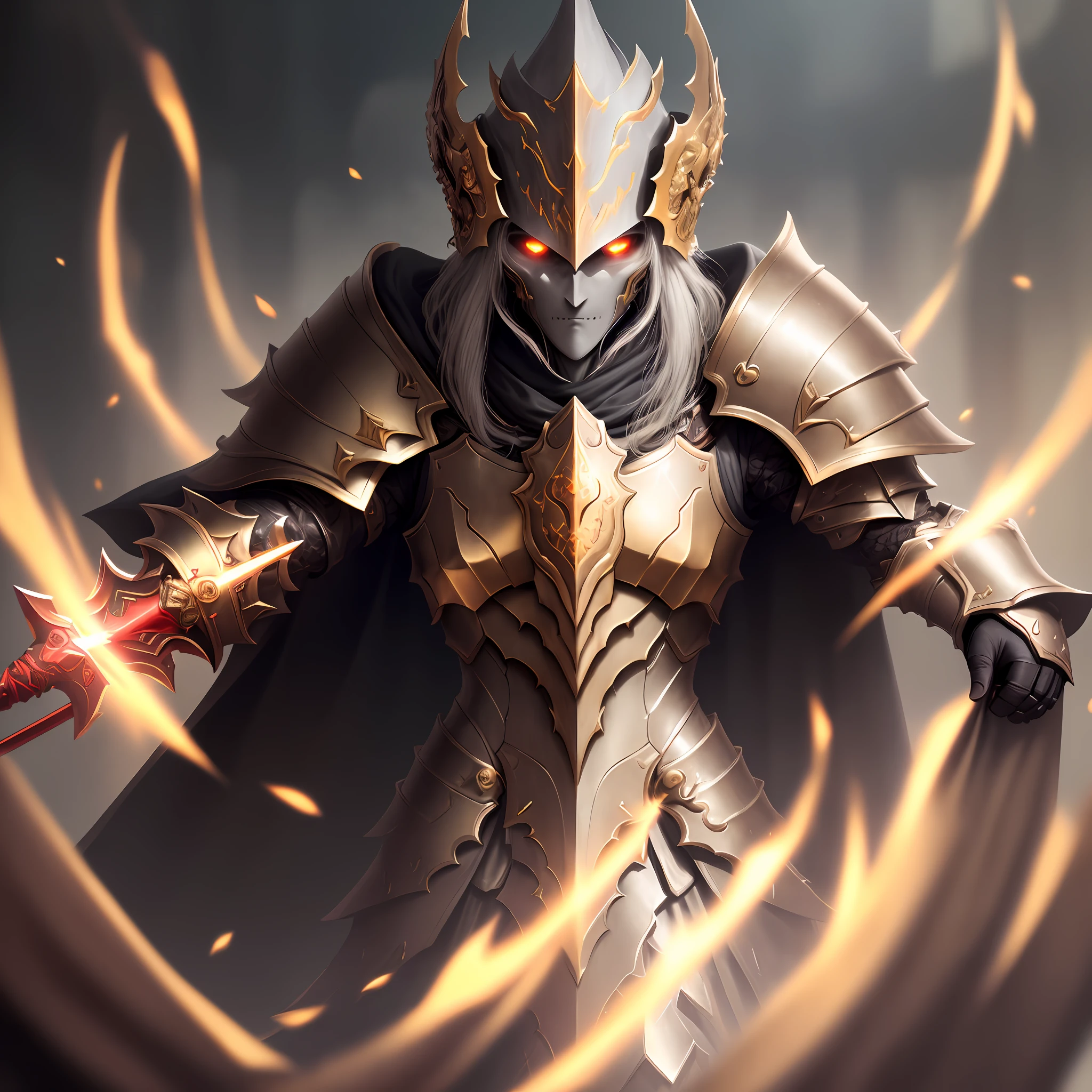 The highest quality, full body details, golden proportion, rags, masterpiece, dnd, monster ghost knight, armor, magic, sword, eldritch knight, heavy armor, magic, arcane knight, red cape, full body, human, sword, personal, full body, perfect face, amazing eyes, (bright black eyes), vivid details, (skin with many details), depth of field, (super detail, licata detail), sharp focus,  soft colors, 8k,