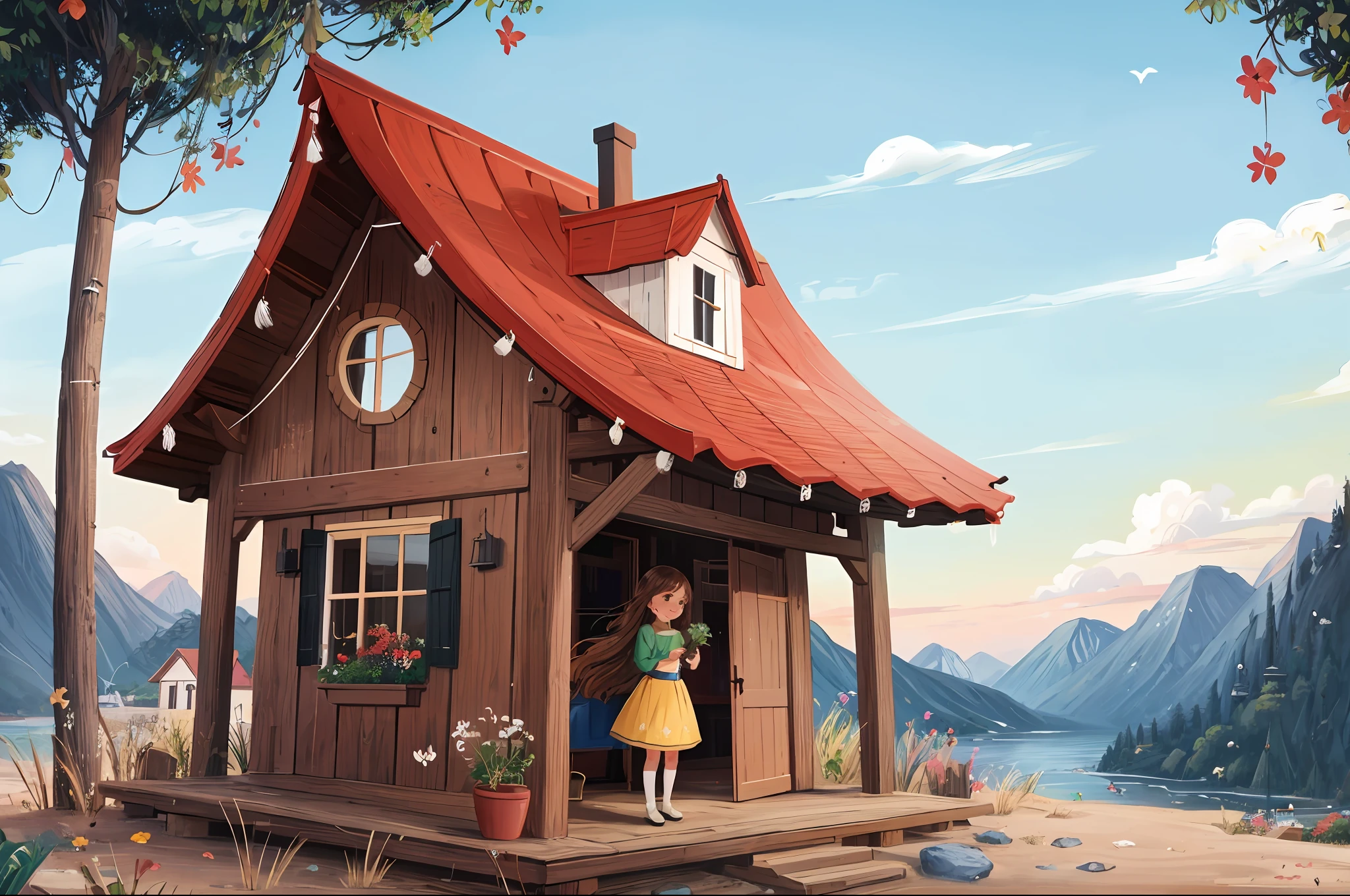 Island, simple and quaint wooden house, vast green space, beautiful natural scenery, large mountains, green stone and moss-covered facades, pitched roof and ancient red tile design, small porch and shaking wind chimes, vista, lots of trees and flowers, ink color, 1 girl, long brown hair, solo, long hair, blush, smile, freckles, flying leaves, flying flowers, a girl standing in the doorway holding flowers, bird, 2D, line art, illustration