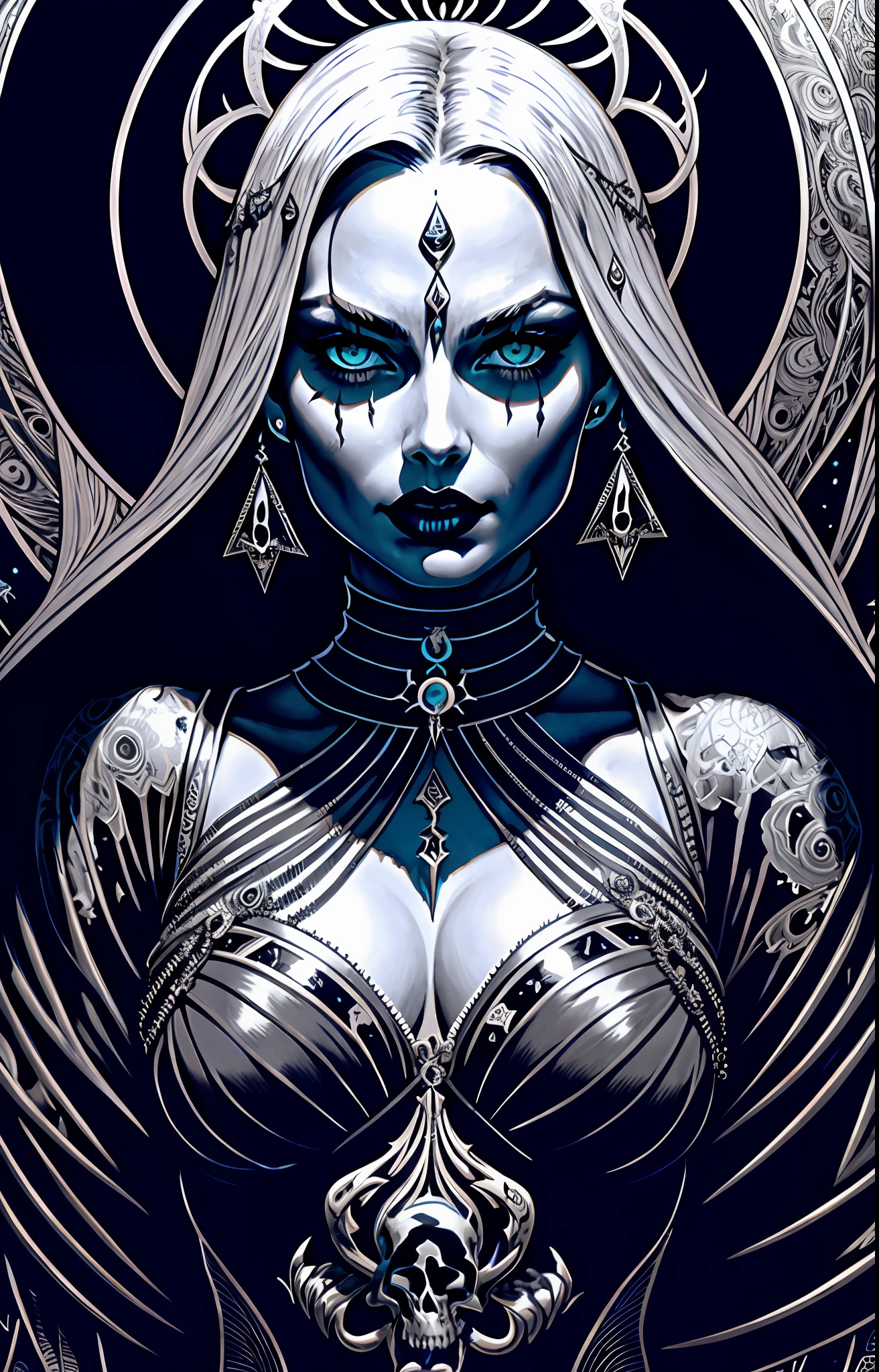 Margot Robbie, malice, skulls, tendrils, dark atmosphere, greyscale, detailed linework, cinematic, psychedelic, black paper with vibrant turqoise line work, ornate, symmetrical, tarot card, highly detailed, ink illustration, style of peter mohrbacher, golden ratio