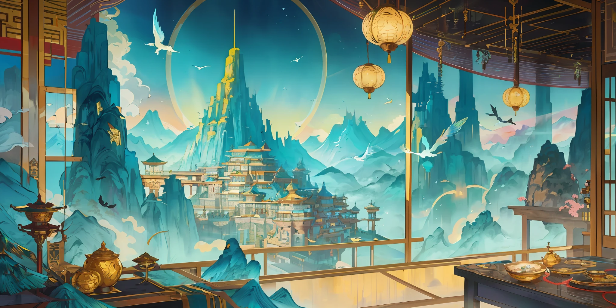 an image of an asian landscape with mountains and birds in the air, in the style of fantastical otherworldly visions, light cyan and gold, intricately mapped worlds, hyperrealistic illustrations, romanticized cityscapes, detailed character illustrations, organic shapes and curved lines, --v6