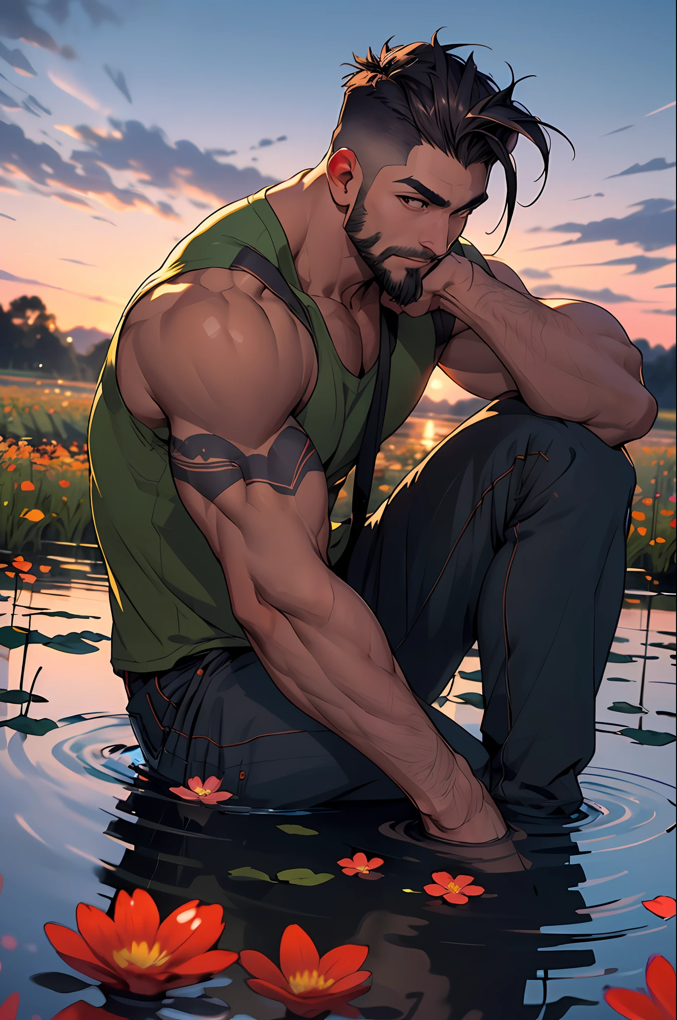 muscular, sitting, undercut, facial hair, flower field,water, depth of field,dusk sky, singe photo