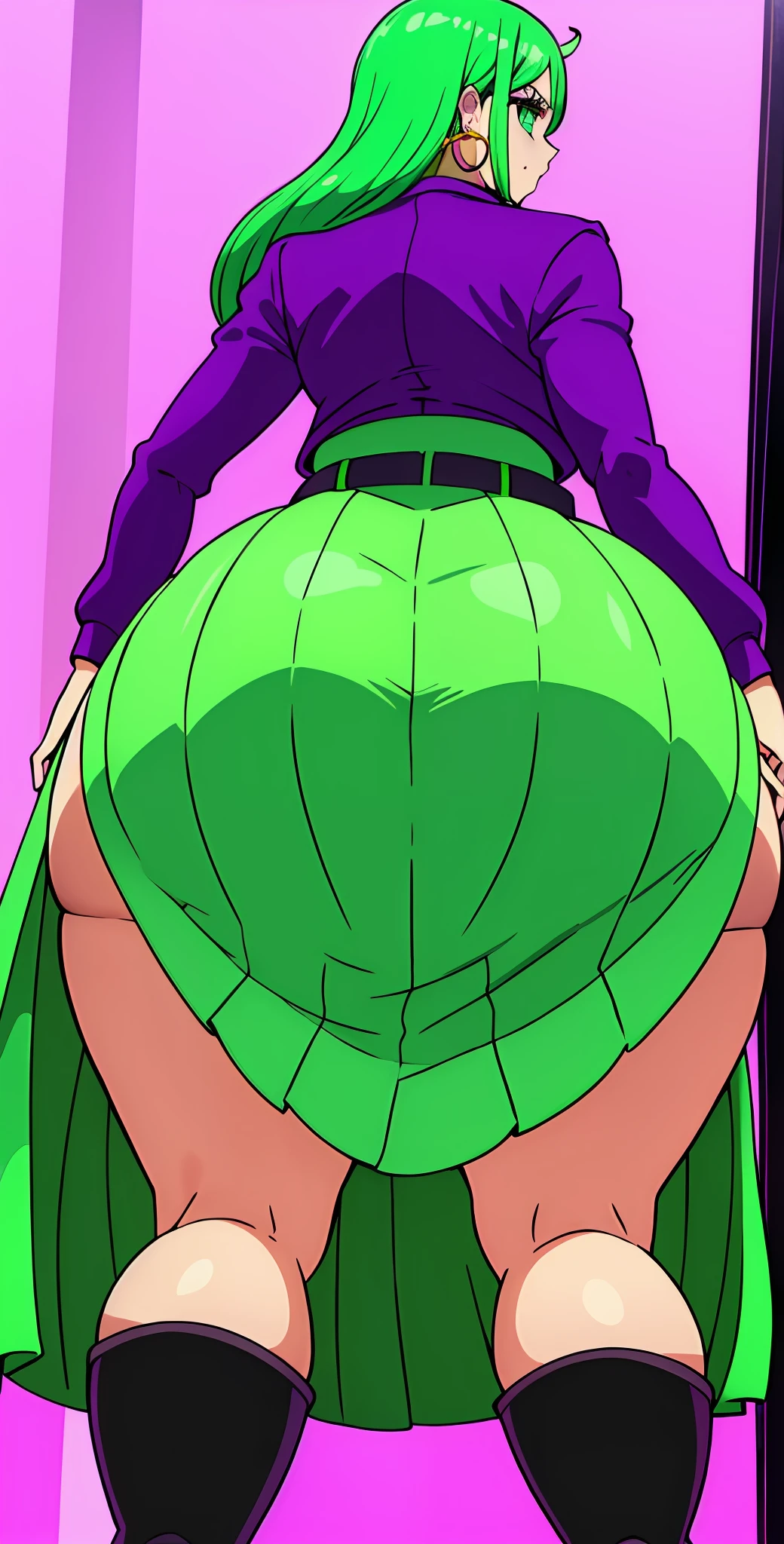 1 girl, super wide hips, super large butt, thicc, green skirt, white belt, purple boots, purple jacket, long green hair, green earrings, super large breasts, masterpiece, green eyes, light green hair, highres, super large thighs, ass focus, thicc ass, super large hips, One Piece, curvy, back facing camera, skirt lift