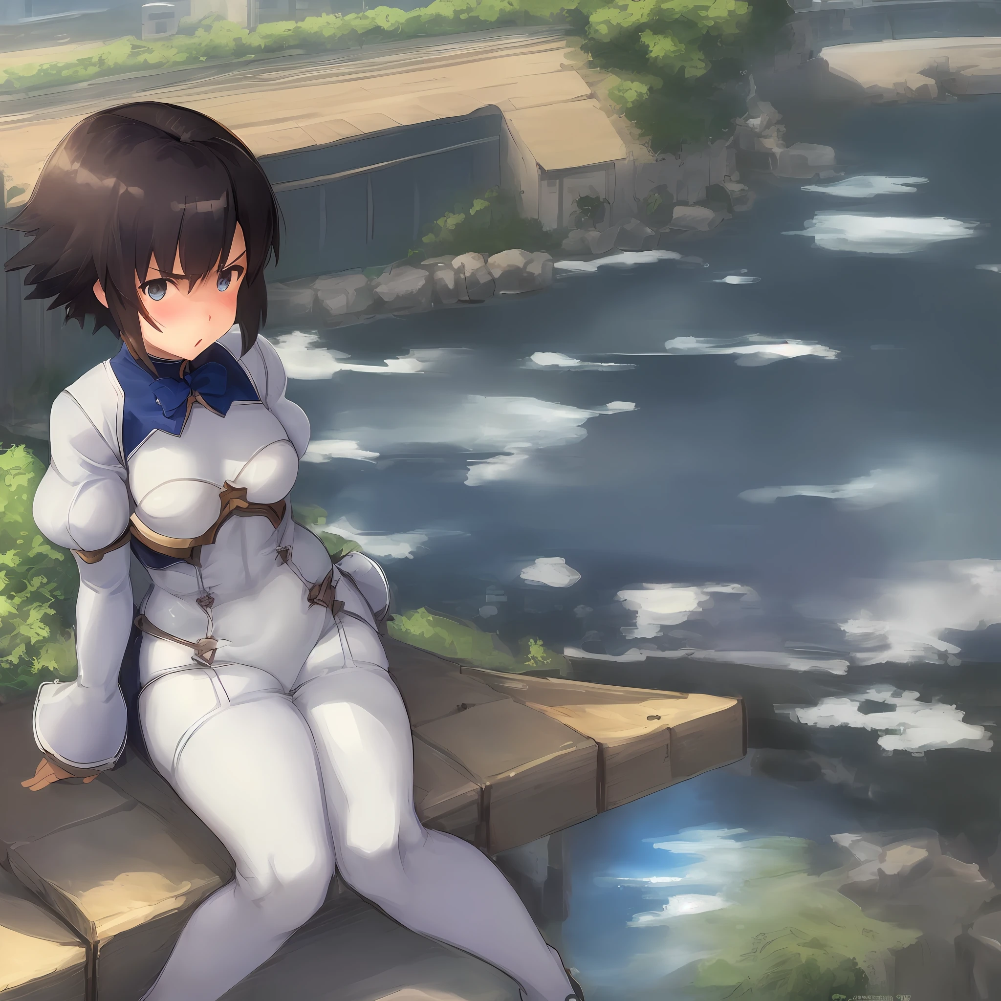 &quot;((workshop)), perfect quality, fat, bulging, full body, stunning beauty, jeanfavonian, small breasts, (high-quality anime, Makoto Shinkai), angry, blush, sitting on the bench near the river next to the village, hands on chest, looking at the viewer, without gauntlets. Short hair blowing in the wind, the background is simple and blue, and the gaze is directed downwards at a low angle, a bright lightning.