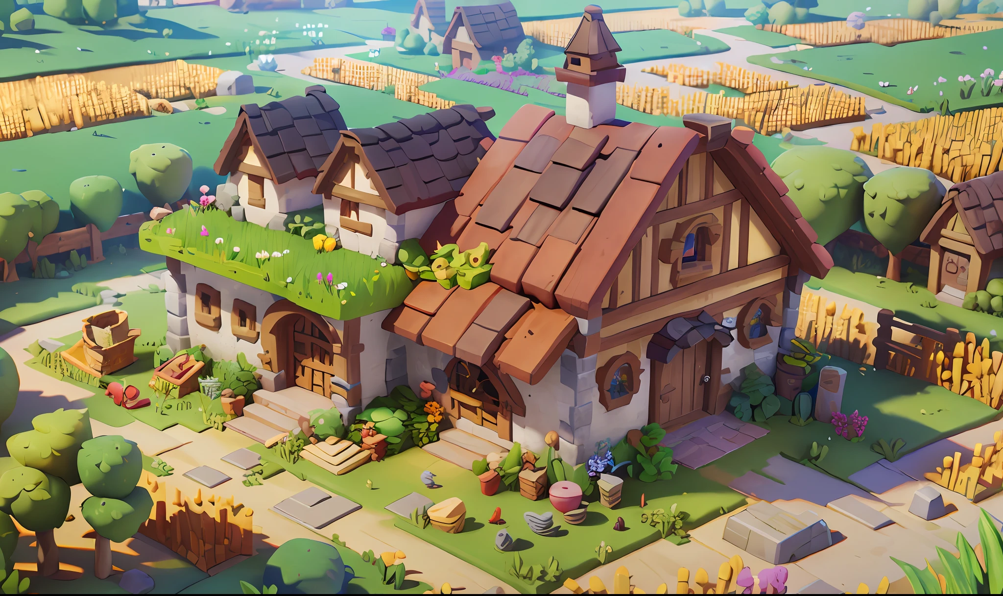 Game architecture design, cartoon, farm, stone, brick, grass, river, flowers, vegetables, wheat, trees, animals, casual play style, 3d, blender, masterpiece, super detail, best quality