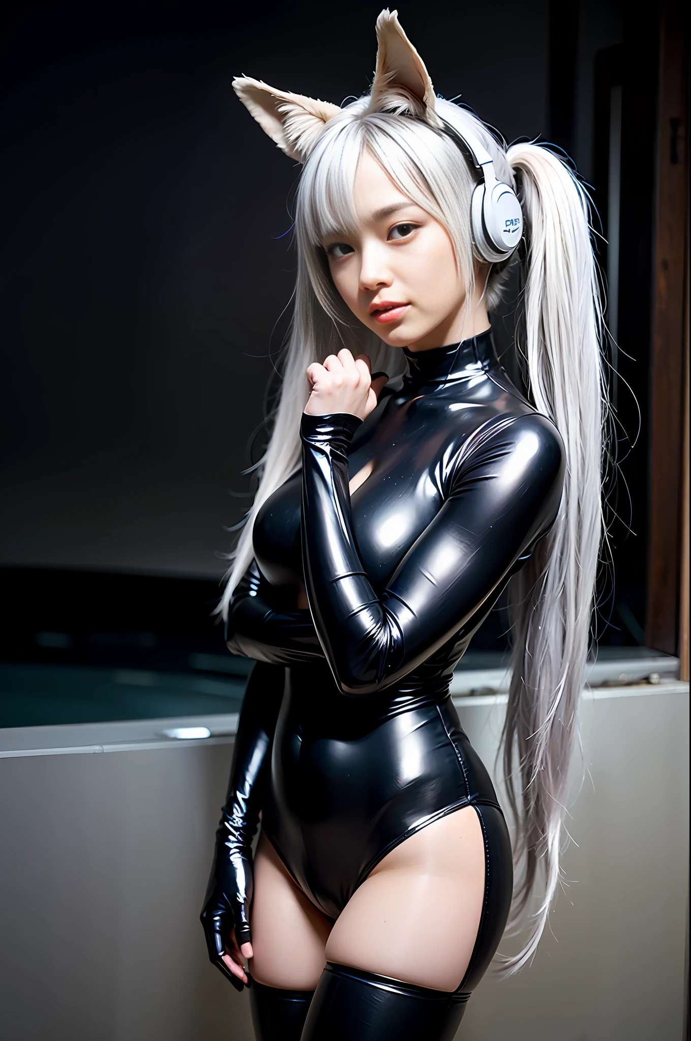 best quality, ultra high res, (photorealistic:1.4),masterpiece,1girl, Kpop idol,(aegyo sal:1.0),puffy eyes,(City of ruins),alice \(nikke\),(pink bodysuit),((animal ear headphones)),(shiny clothes),twintails,(latex bodysuit),(rubber suit),shoes,(cleavage),(slender),((white hair)),(silver hair),(gray hair),((red pupil)),(looking at viewer),(smile),Happy,(long hair),nsfw,depth of field,detail face, shiny skin, nice detailed eyes, heavy eye makeup, slim waist, blush, detailed eye makeup,perfect anatomy, wide view