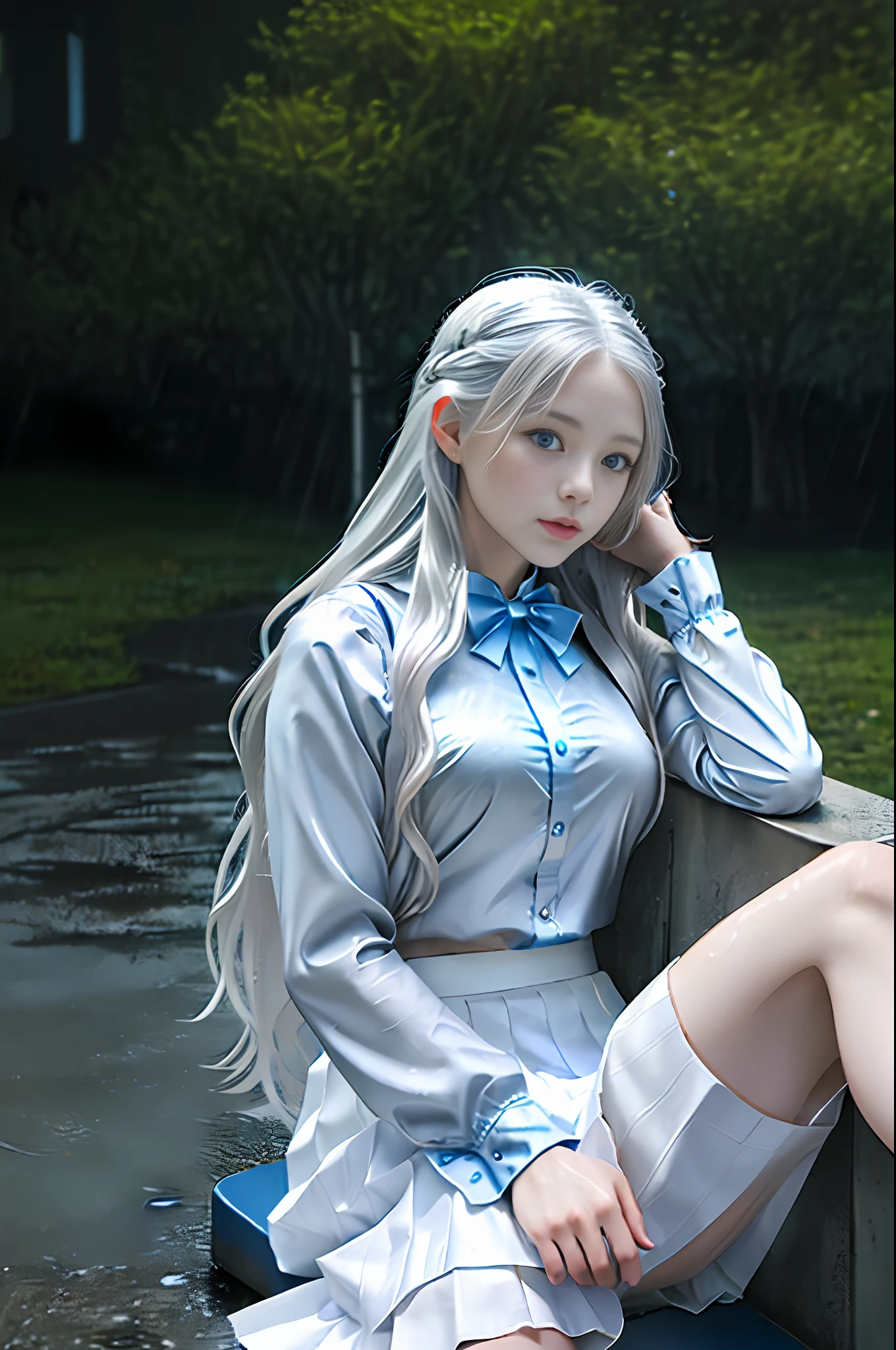 ,((long silver hair)),((white skirt)),realistic,outdoors,rainy day,,Girl sitting on a blue cat.