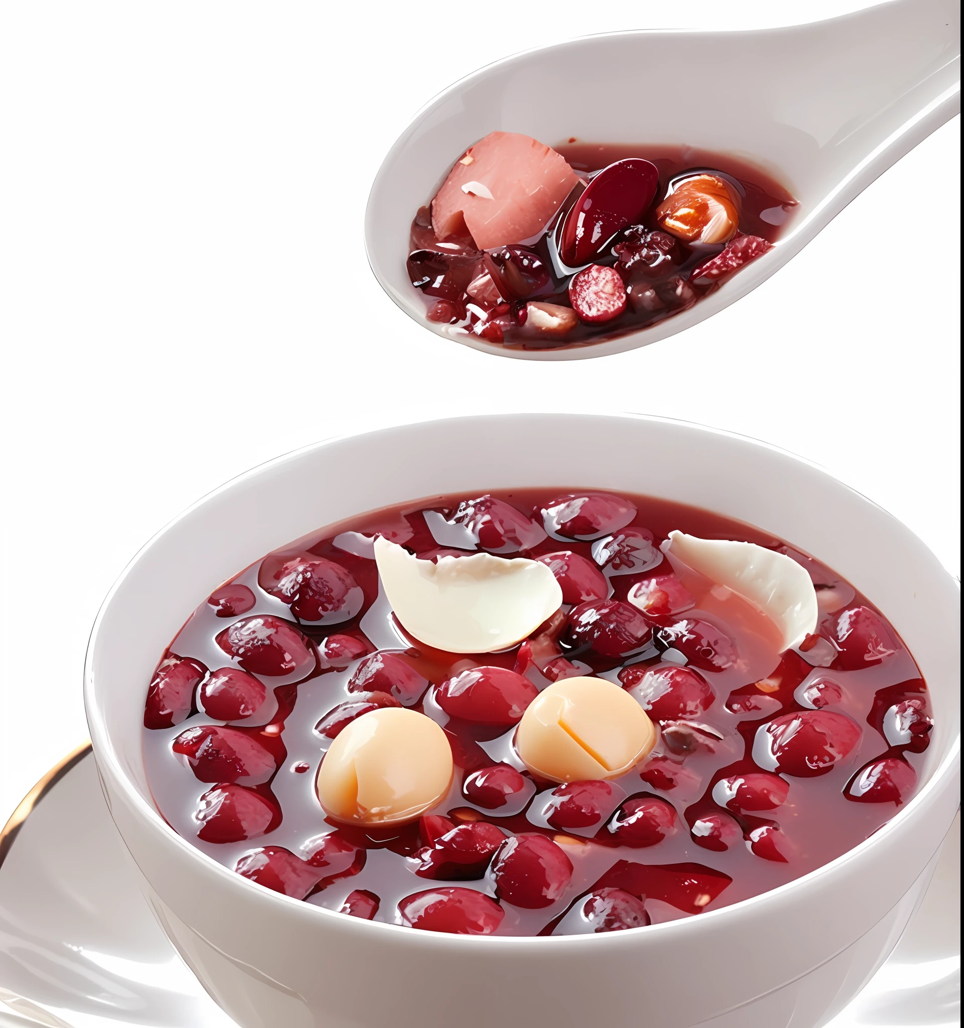 A bowl of soup, with a spoon and a spoonful of red beans and lotus seeds, barley, soup, dipped in red bean soup, dessert, topped with sparkling red beans, lotus seeds, made from red beans, lotus seeds, barley, sauce, very tasty, warm, easy, delicious, delicious, mixed, stew, miko, HD, 1080P