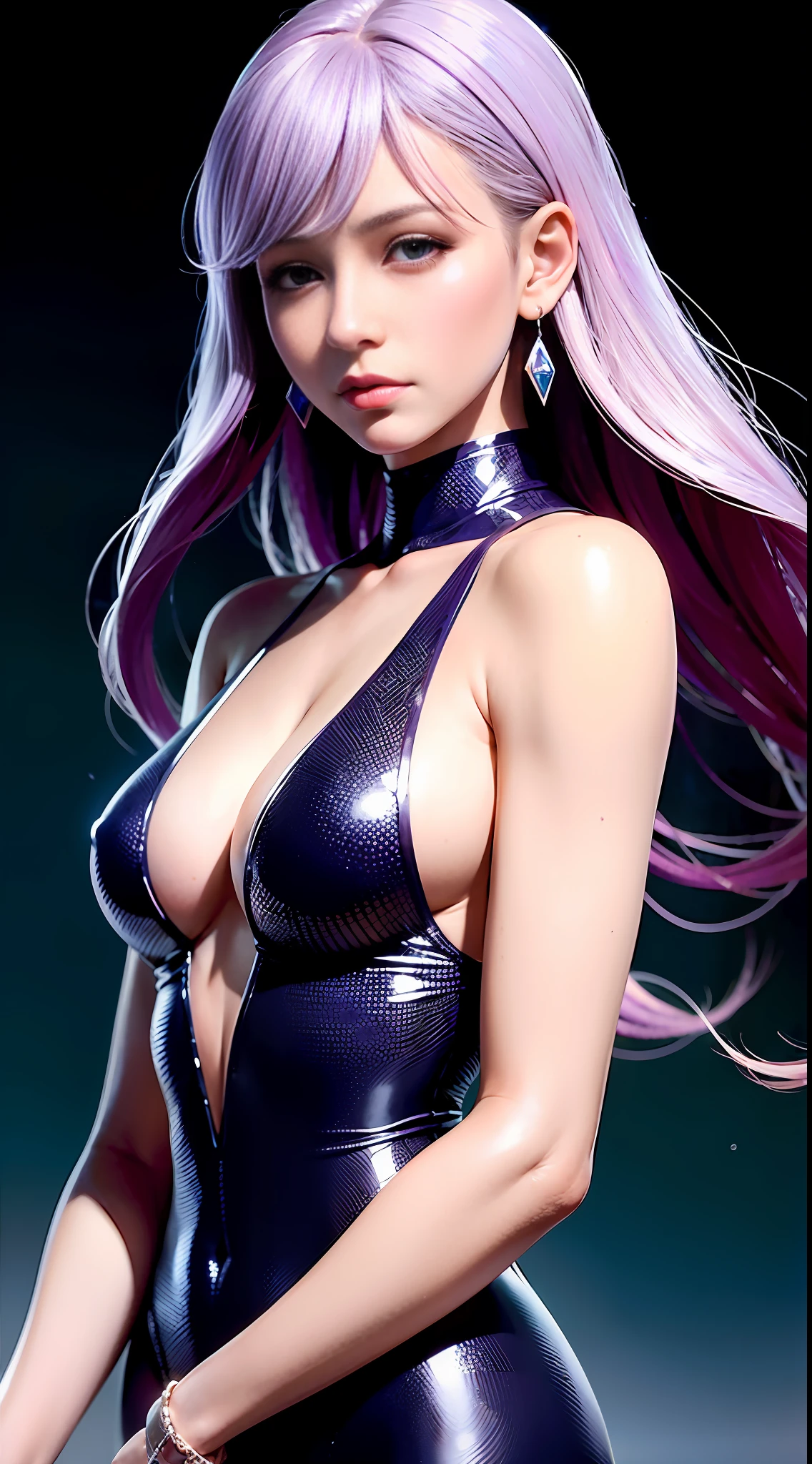 Translucent clothes, diamond earrings, colored hair, long hair, purple eyes, melancholy girls, neon background, depth of field, natural light and shadow, ultra-realistic, surrealism, earrings, lipstick, long eyelashes, JK suit, 8K quality