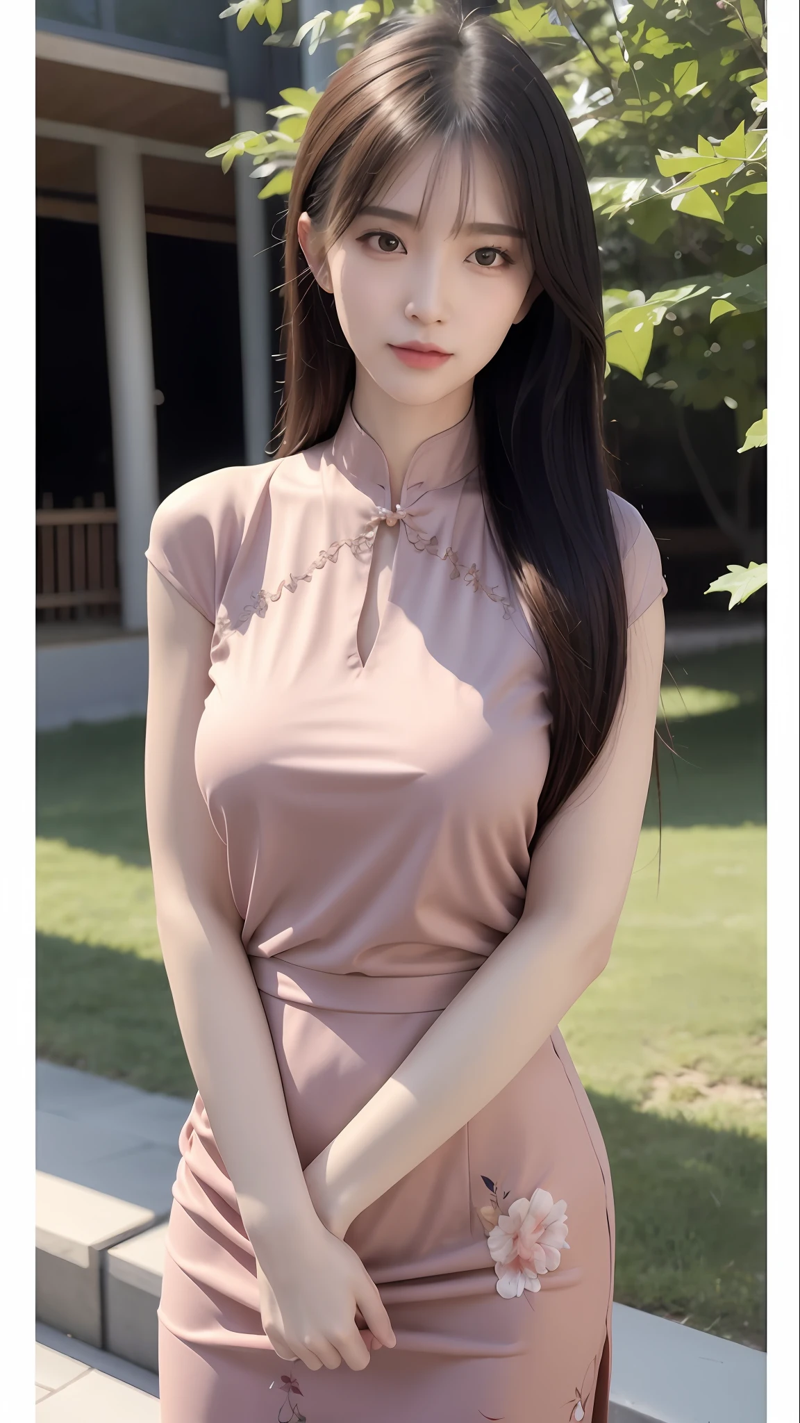 a woman in a pink dress posing for a picture, cheongsam, soft silk dress, with acient chinese clothes, chinese dress, chinese girl, asian girl, satin, gorgeous chinese model, (38 years old), asian nymph bald goddess, chinese style, korean girl, 2 ***********, traditional chinese, chinese woman, 2 ***********