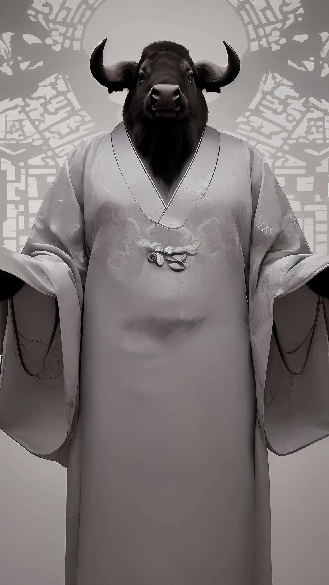 A detailed image is generated of a stately buffalo in a gray ancient Chinese robe standing in the middle of a traditional Chinese courtyard. The portrait should capture the entire body of the mouse. The robe should have intricate patterns. There should be a direct beam of light shining on the mouse's body from overhead. The background should be dark, damp, and rainy.