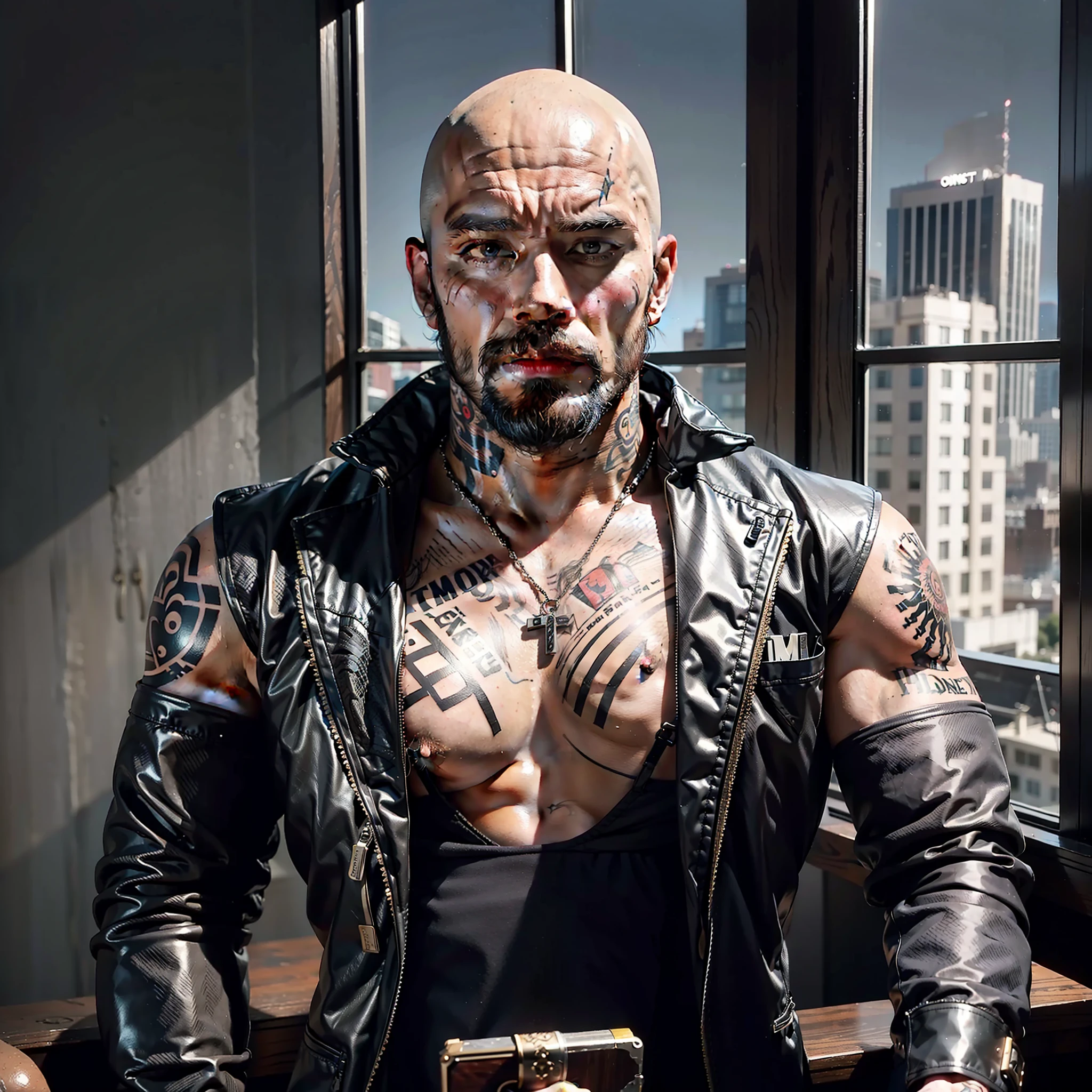 (male:1.2), man, (beard:0.8), (bodybuilder:0.9), (skinhead:0.7),cold face, tough guy, cowboyshot, tattoo, french windows, luxury hotel
masterpiece, best quality, photorealistic