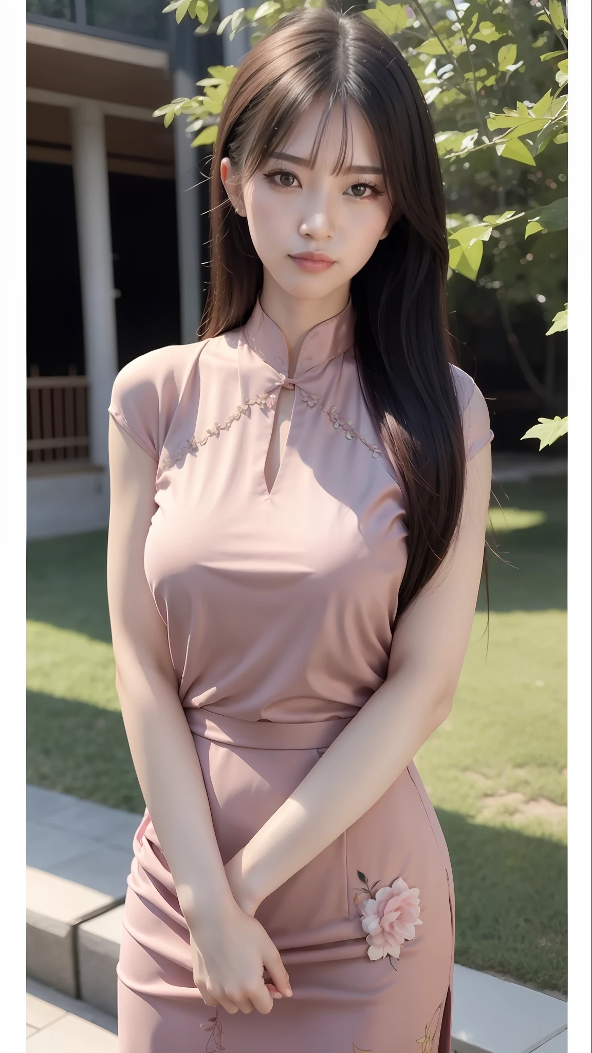 a woman in a pink dress posing for a picture, cheongsam, soft silk dress, with acient chinese clothes, chinese dress, chinese girl, asian girl, satin, gorgeous chinese model, (38 years old), asian nymph bald goddess, chinese style, korean girl, 2 8 years old, traditional chinese, chinese woman, 2 9 years old, silk