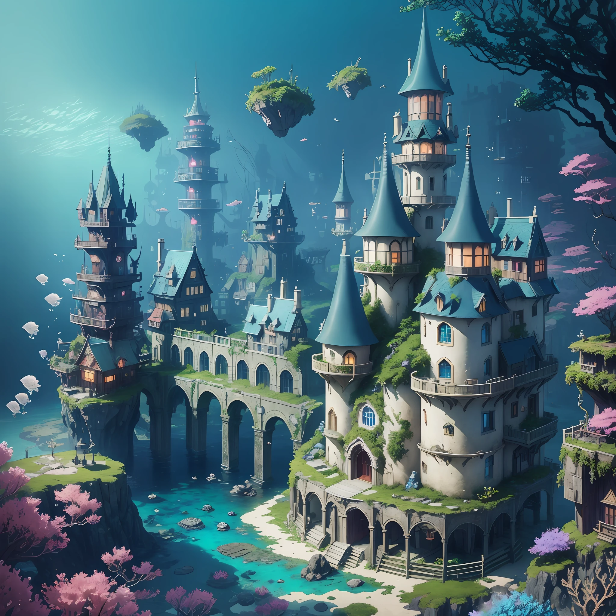 Color (Fantasy: 1.2), (Hayao Miyazaki style), (irregular building floating under the sea), patchwork cottages, Moss decorations, coral, lights, concept art inspired by Andreas Rocha, Artstation contest winner, Fantasy art, (underwater city), ross tran, light shafts, realistic lighting, masterpiece, high quality, beautiful graphics, high detail, masterpiece, high quality, beautiful graphics, high detail, --v6