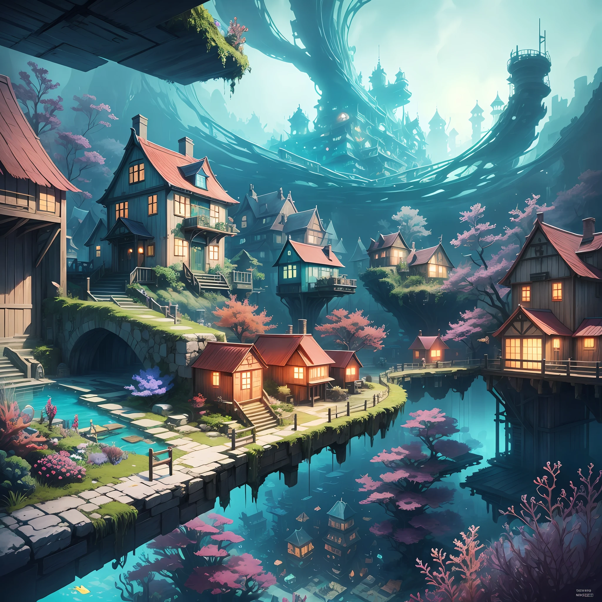 Color (Fantasy: 1.2), (Hayao Miyazaki style), (irregular building floating under the sea), patchwork cottages, Moss decorations, coral, lights, concept art inspired by Andreas Rocha, Artstation contest winner, Fantasy art, (underwater city), ross tran, light shafts, realistic lighting, masterpiece, high quality, beautiful graphics, high detail, masterpiece, high quality, beautiful graphics, high detail, --v6