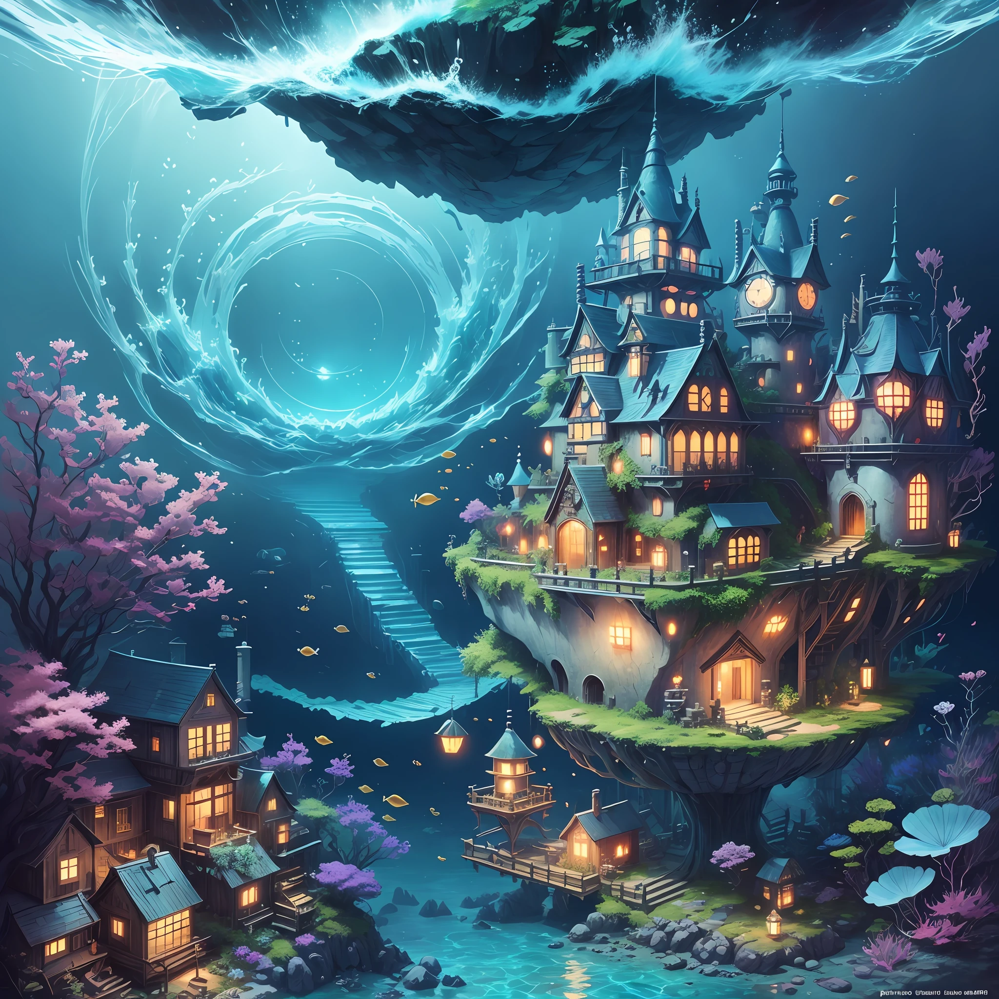 Color (Fantasy: 1.2), (Hayao Miyazaki style), (irregular building floating under the sea), patchwork cottages, Moss decorations, coral, lights, concept art inspired by Andreas Rocha, Artstation contest winner, Fantasy art, (underwater city), ross tran, light shafts, realistic lighting, masterpiece, high quality, beautiful graphics, high detail, masterpiece, high quality, beautiful graphics, high detail, --v6
