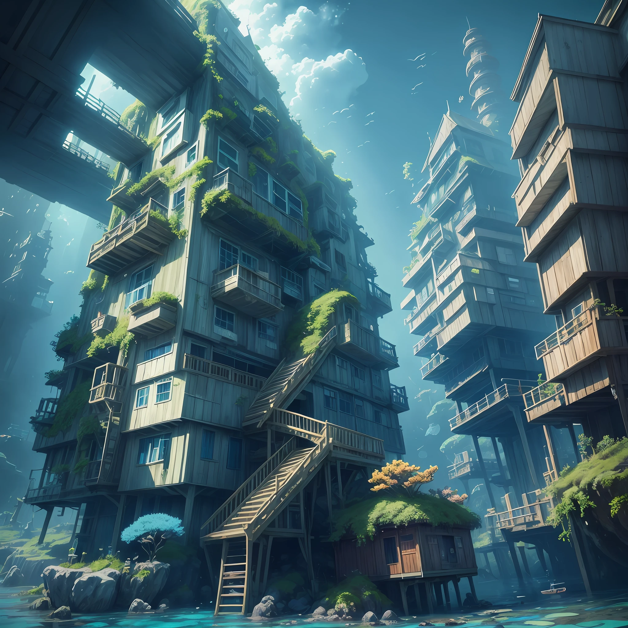 Color (Fantasy: 1.2), (Hayao Miyazaki style), (irregular building floating under the sea), patchwork cottages, Moss decorations, coral, lights, concept art inspired by Andreas Rocha, Artstation contest winner, Fantasy art, (underwater city), ross tran, light shafts, realistic lighting, masterpiece, high quality, beautiful graphics, high detail, masterpiece, high quality, beautiful graphics, high detail, --v6