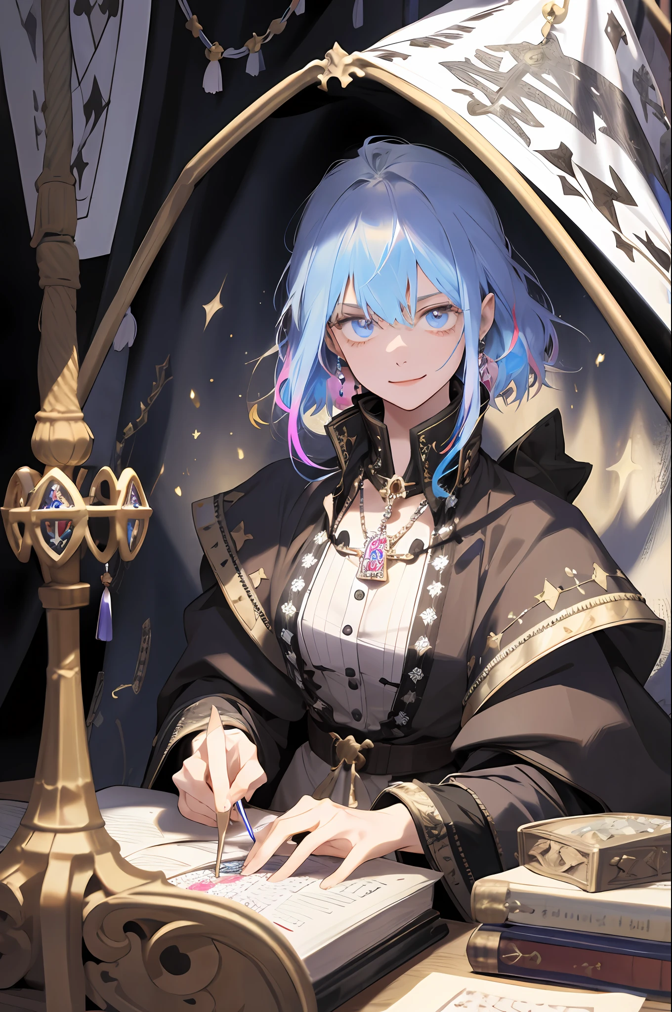 (absurdres, highres, ultra detailed), 1girl, solo, extremely detailed eyes, colorful, highest detailed, portrait, looking at viewer, solo, (full body:0.6), detailed background, close up,  (high fantasy medieval theme:1.1), fortune teller, charlatan, smirk, foreboding, sitting at table, colorful  ruffled  fortune teller clothes, striped clothes,   amulet,   horoscope,   (melted candles on table:0.8), medieval (tent interior:1.1) background, tent curtains in background, dark mysterious lighting, shadows, magical atmosphere,