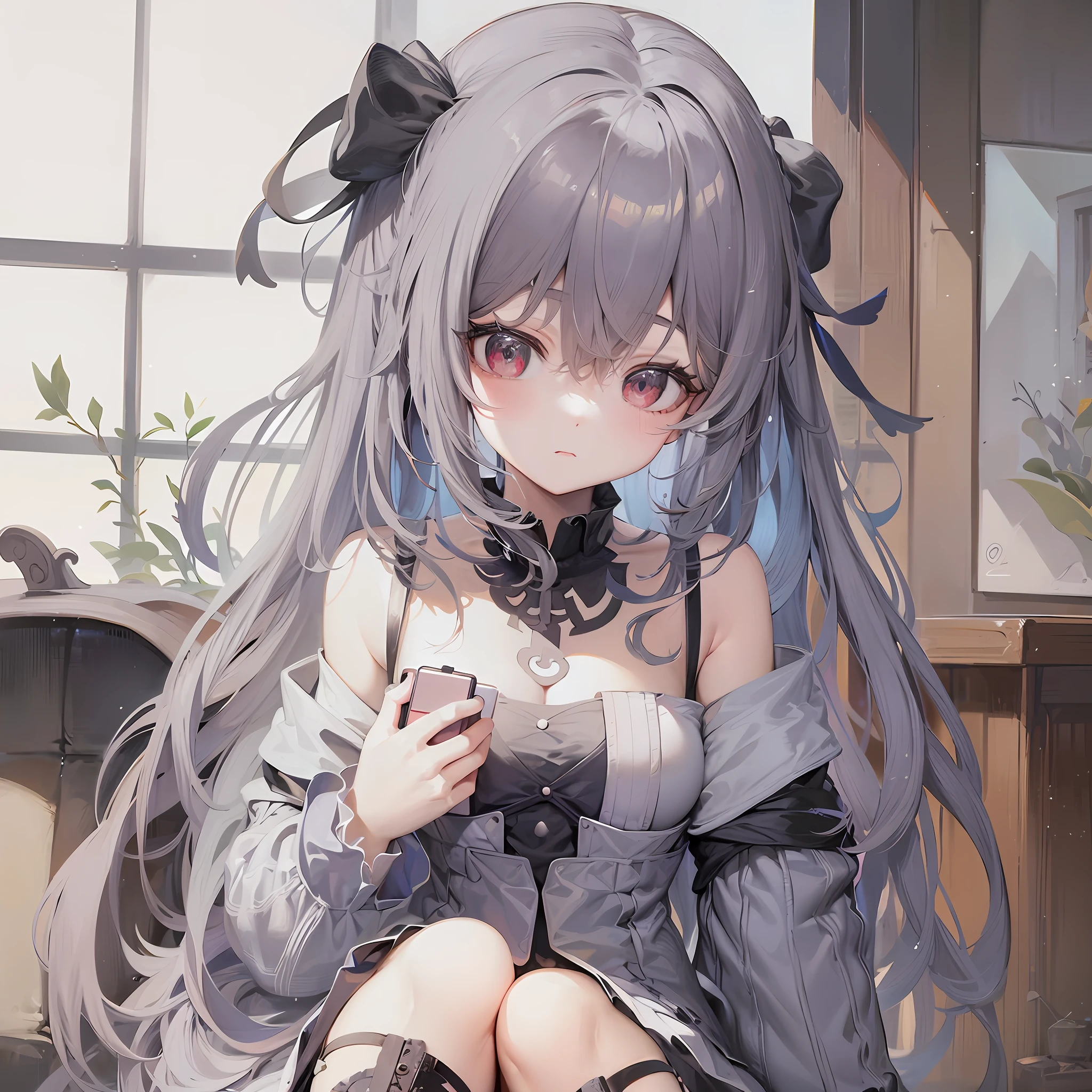 (Sitting in a chair, grey long hair:1.1, (loli + curves):1.3, kawaii, great imagination, girls, wearing pretty clothes:1.2, loli wearing a dress, best 4k anime wallpaper:1.2, kawaii girl, anime moe art style, guvez on pixiv artstation), ( Ghibli anime style: 1.1 + shoujo manga art style: 1.2), splash action and artistic loli moe in art style, Guwiz)