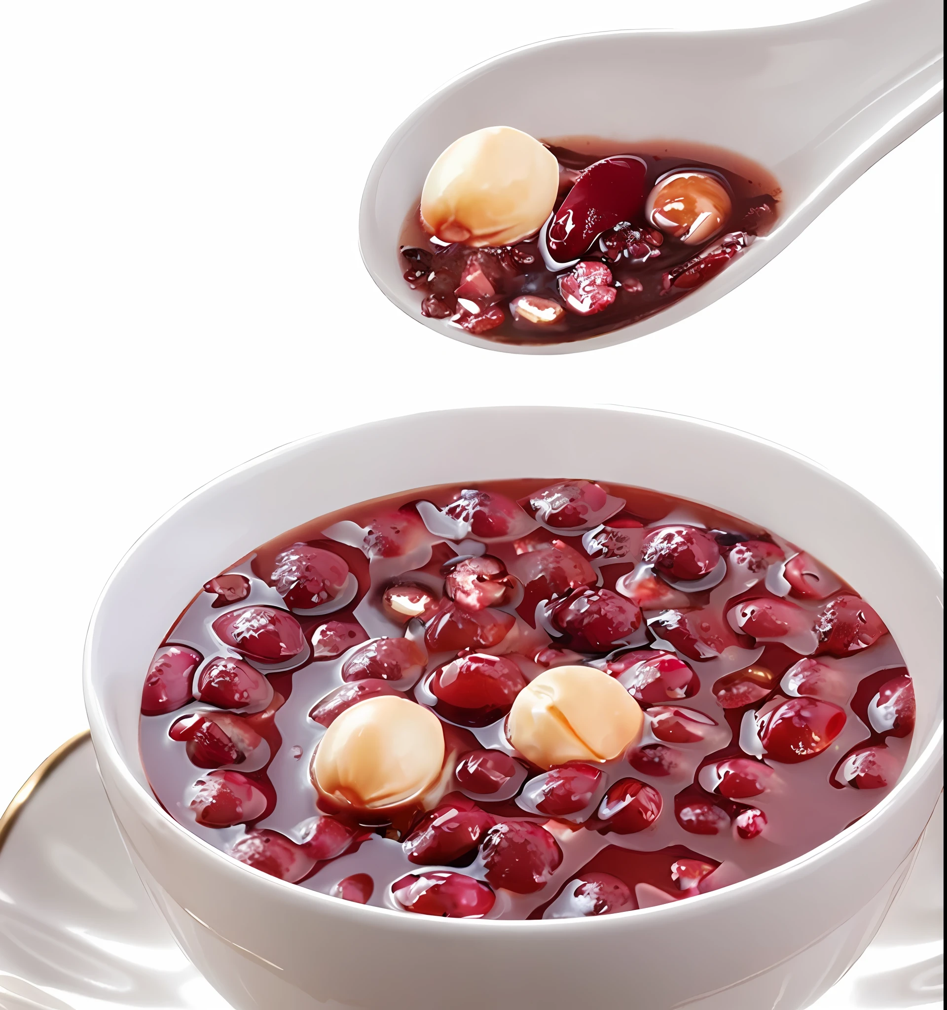 A bowl of soup, with a spoon and a spoonful of red beans and lotus seeds, barley, soup, submerged in red bean soup, dessert, topped with sparkling red beans, lotus seeds, red beans, lotus seeds, barley, very tasty, warm, easy, delicious, delicious, mixed, miko, HD, 1080P