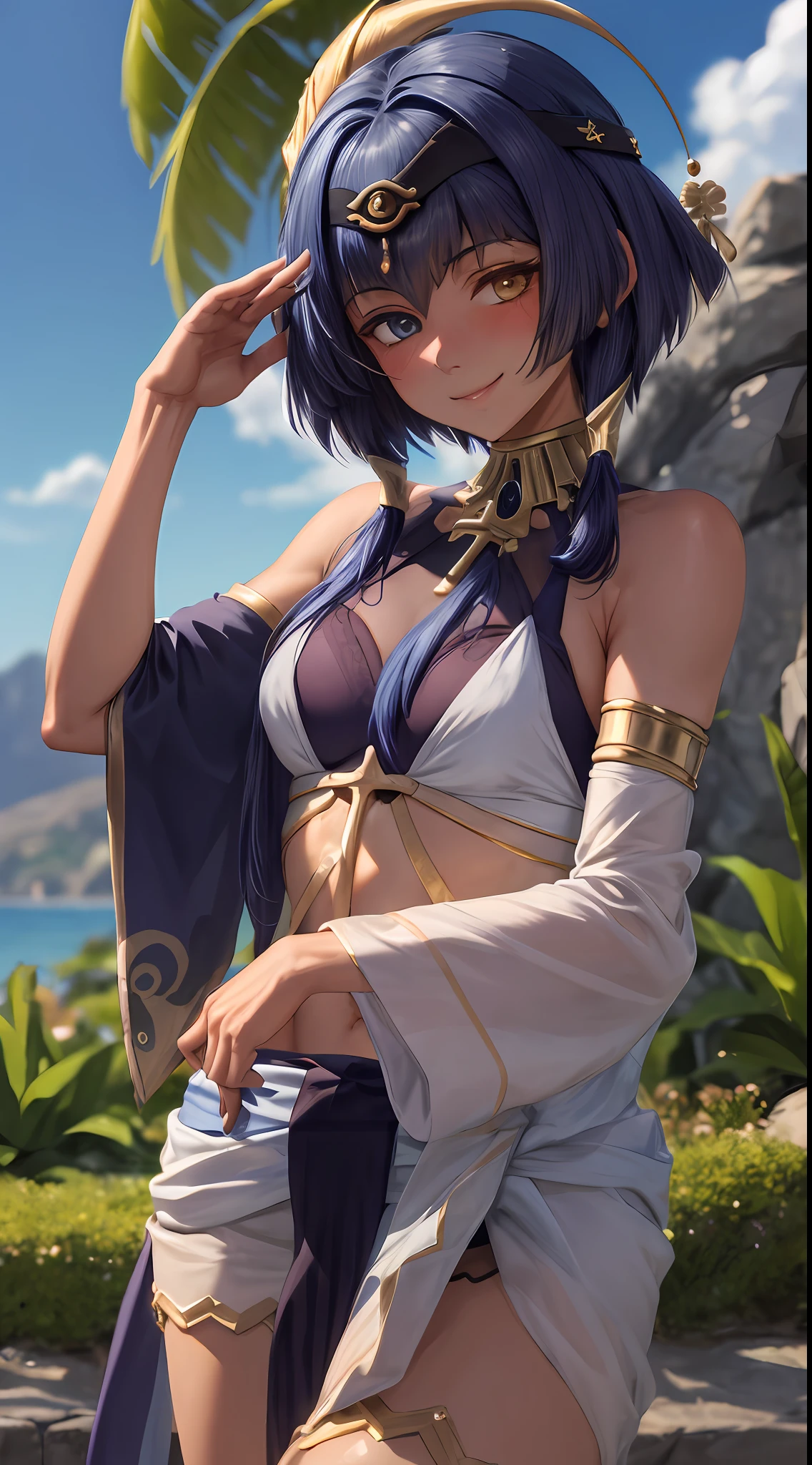 Kanda Sedev, blue left eye, green right eye, upper body, smile, blush, outdoors, blue sky, short hair, sky, looking at the audience, seaside