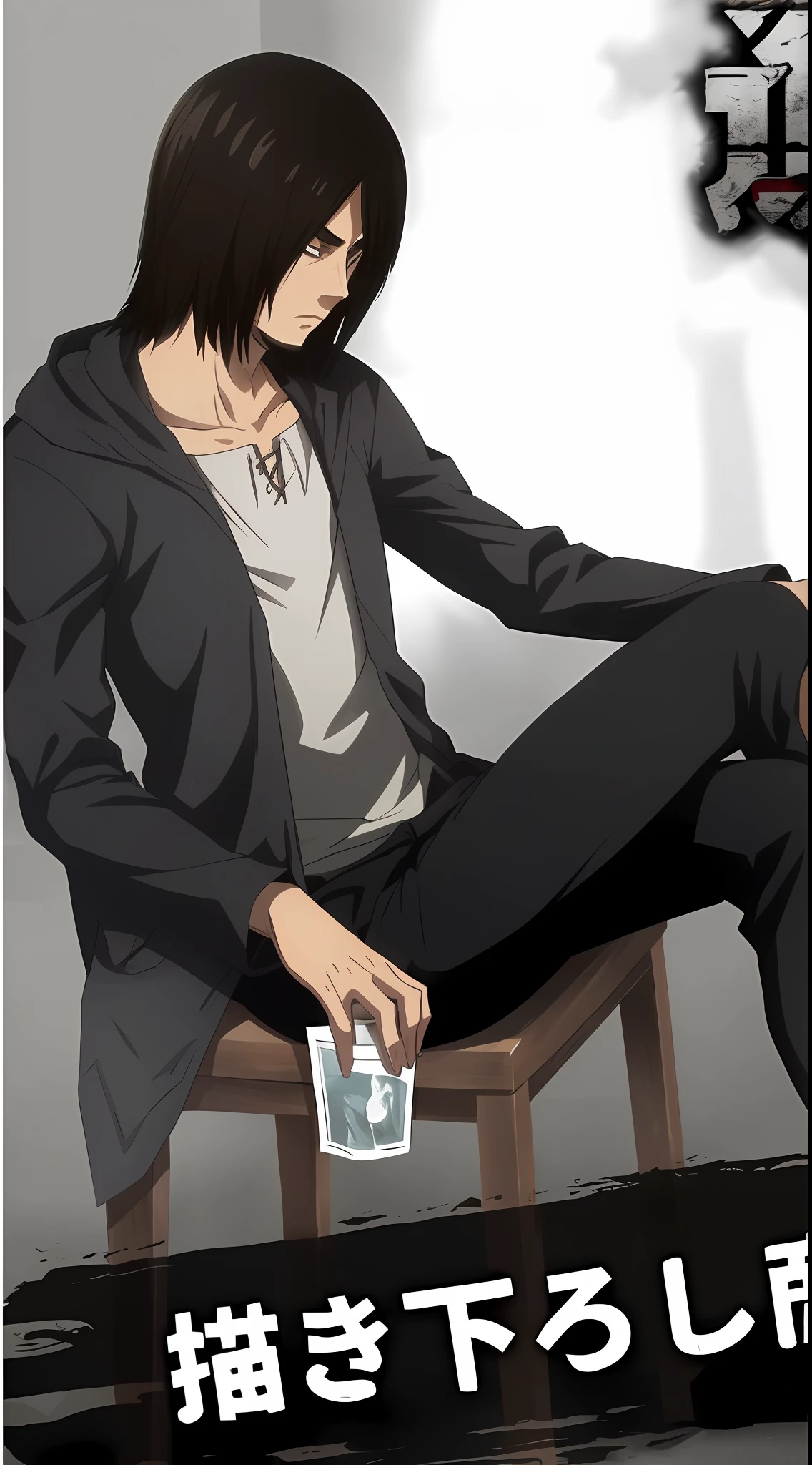 best quality, masterpiece, (realistic: 1.2), 1 man, Eren Jaeger, black jeans, black pants, brown hair, attack on Titan, cold background, black jacket, slim body, high definition, high quality, black clothes