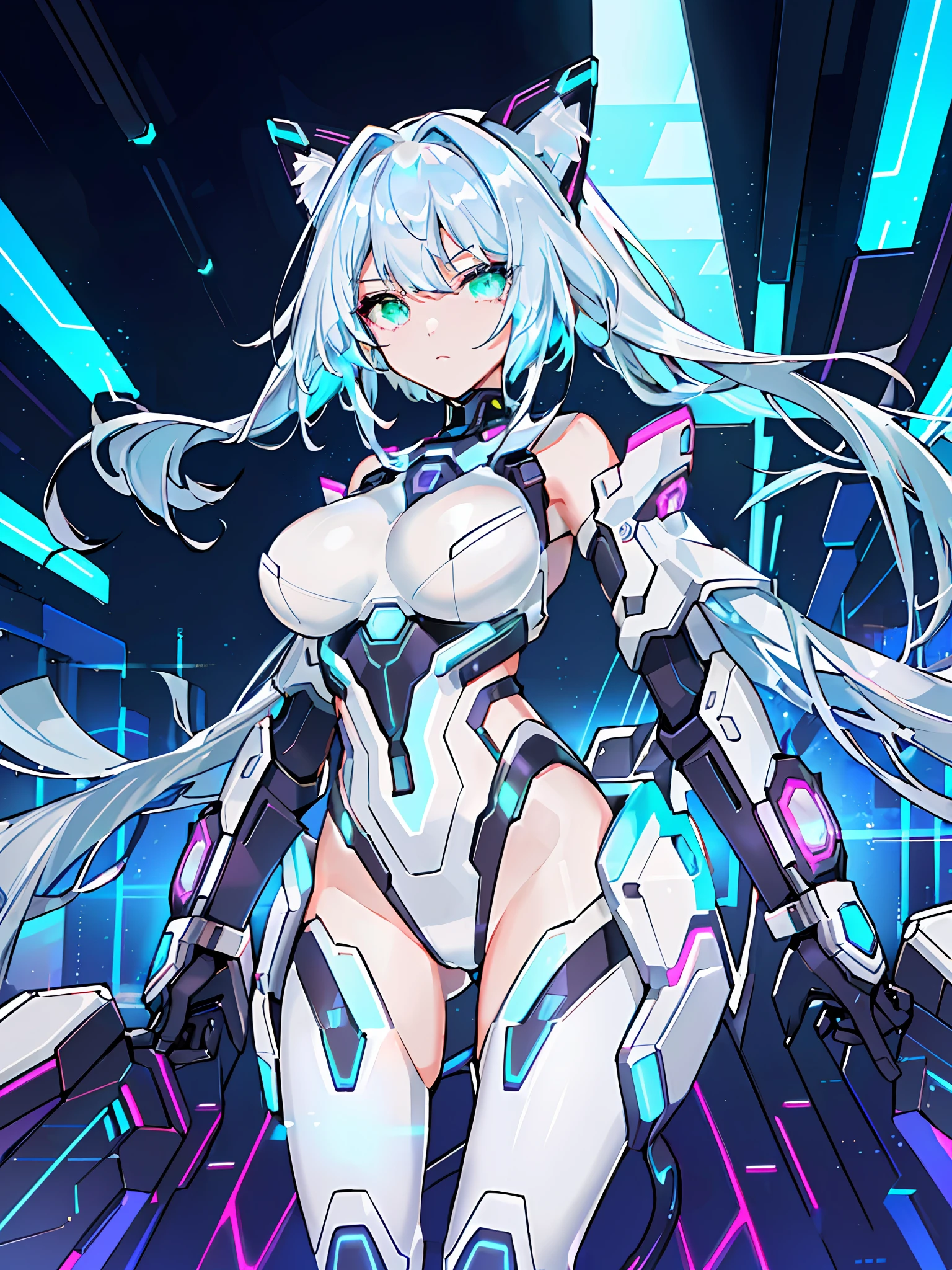 (In the sprawling cybernetic metropolis known as NeoPulse, a mesmerizing cat girl named Nova prowls the neon-lit streets with a blend of feline grace and technological prowess. Let's explore the intricately detailed world of Nova:
Ears and Tail: Nova possesses sleek, cybernetically enhanced cat ears and tail. Crafted with sleek black and silver accents, these cybernetic augmentations seamlessly integrate with her natural feline features. The tips of her ears and tail emit a soft neon glow, synchronizing with the vibrant lights that illuminate the cyber city.
Eyes: Nova's eyes are an entrancing amalgamation of piercing emerald green and iridescent lines that mimic circuitry patterns. Glowing with an inner luminescence, they possess an uncanny depth and seem to reflect the digital landscape of NeoPulse. They hold an intense gaze that hints at her unwavering determination and sharp instincts.
Hair: Nova's hair flows in voluminous waves, shimmering with a myriad of neon colors. From vibrant blues and purples to electric pinks and greens, her hair channels the pulsating energy of the cyber city. Embedded within her locks are fine strands of fiber-optic threads that glow and cascade with a subtle luminescence, creating an enchanting spectacle wherever she roams.
Cybernetic Enhancements: Nova's cybernetic enhancements go beyond her ears and tail. Her forearms and calves are adorned with sleek, silver cybernetic implants, meticulously integrated with her limbs. These enhancements grant her enhanced agility, speed, and strength, allowing her to navigate the vertical sprawl of NeoPulse with ease.
Cyberfashion: Nova's attire is a fusion of futuristic fashion and feline elegance. She wears a form-fitting bodysuit crafted from a specialized nano-fabric that adapts to her movements. The suit shimmers with a holographic display of swirling patterns and neon lights, mimicking the vibrant energy that courses through the cyber city. Complementing her ensemble are sleek, high-tec