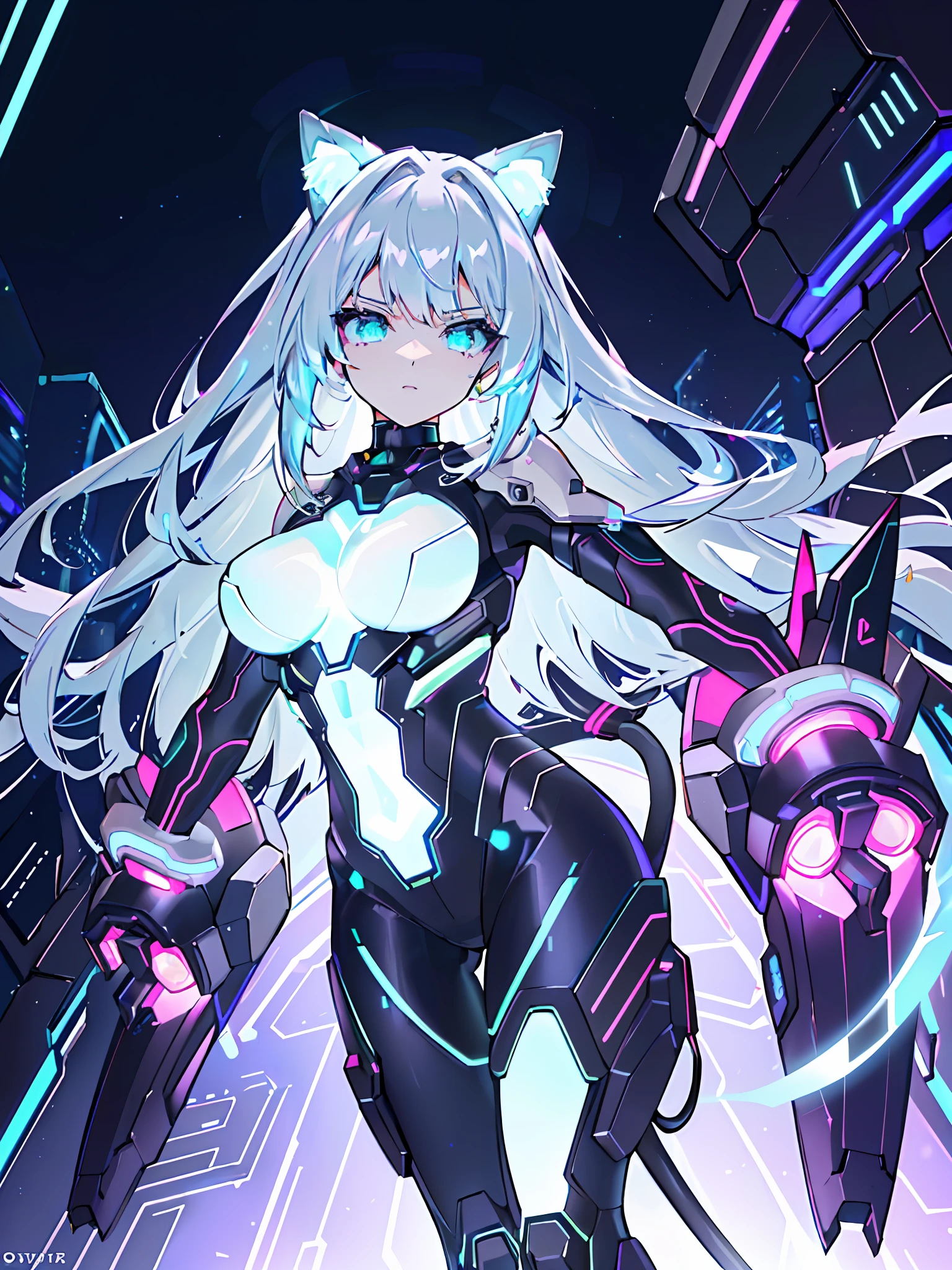 (In the sprawling cybernetic metropolis known as NeoPulse, a mesmerizing cat girl named Nova prowls the neon-lit streets with a blend of feline grace and technological prowess. Let's explore the intricately detailed world of Nova:
Ears and Tail: Nova possesses sleek, cybernetically enhanced cat ears and tail. Crafted with sleek black and silver accents, these cybernetic augmentations seamlessly integrate with her natural feline features. The tips of her ears and tail emit a soft neon glow, synchronizing with the vibrant lights that illuminate the cyber city.
Eyes: Nova's eyes are an entrancing amalgamation of piercing emerald green and iridescent lines that mimic circuitry patterns. Glowing with an inner luminescence, they possess an uncanny depth and seem to reflect the digital landscape of NeoPulse. They hold an intense gaze that hints at her unwavering determination and sharp instincts.
Hair: Nova's hair flows in voluminous waves, shimmering with a myriad of neon colors. From vibrant blues and purples to electric pinks and greens, her hair channels the pulsating energy of the cyber city. Embedded within her locks are fine strands of fiber-optic threads that glow and cascade with a subtle luminescence, creating an enchanting spectacle wherever she roams.
Cybernetic Enhancements: Nova's cybernetic enhancements go beyond her ears and tail. Her forearms and calves are adorned with sleek, silver cybernetic implants, meticulously integrated with her limbs. These enhancements grant her enhanced agility, speed, and strength, allowing her to navigate the vertical sprawl of NeoPulse with ease.
Cyberfashion: Nova's attire is a fusion of futuristic fashion and feline elegance. She wears a form-fitting bodysuit crafted from a specialized nano-fabric that adapts to her movements. The suit shimmers with a holographic display of swirling patterns and neon lights, mimicking the vibrant energy that courses through the cyber city. Complementing her ensemble are sleek, high-tec