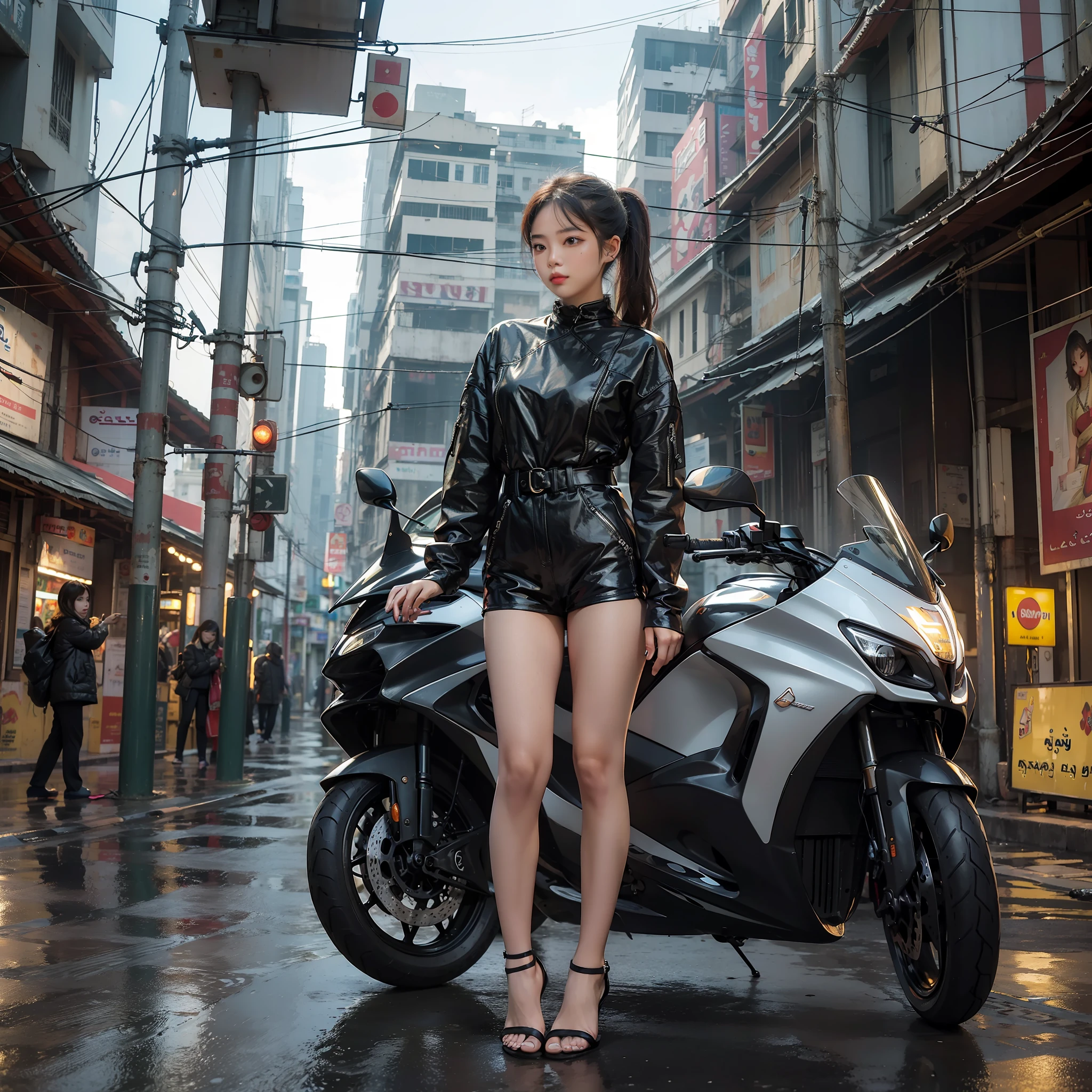 (best quality, masterpiece:1.2) , A Woman is posing ,((in Bangkok Street)), cityscape, (electric pole, wire:1.2), (scenery)