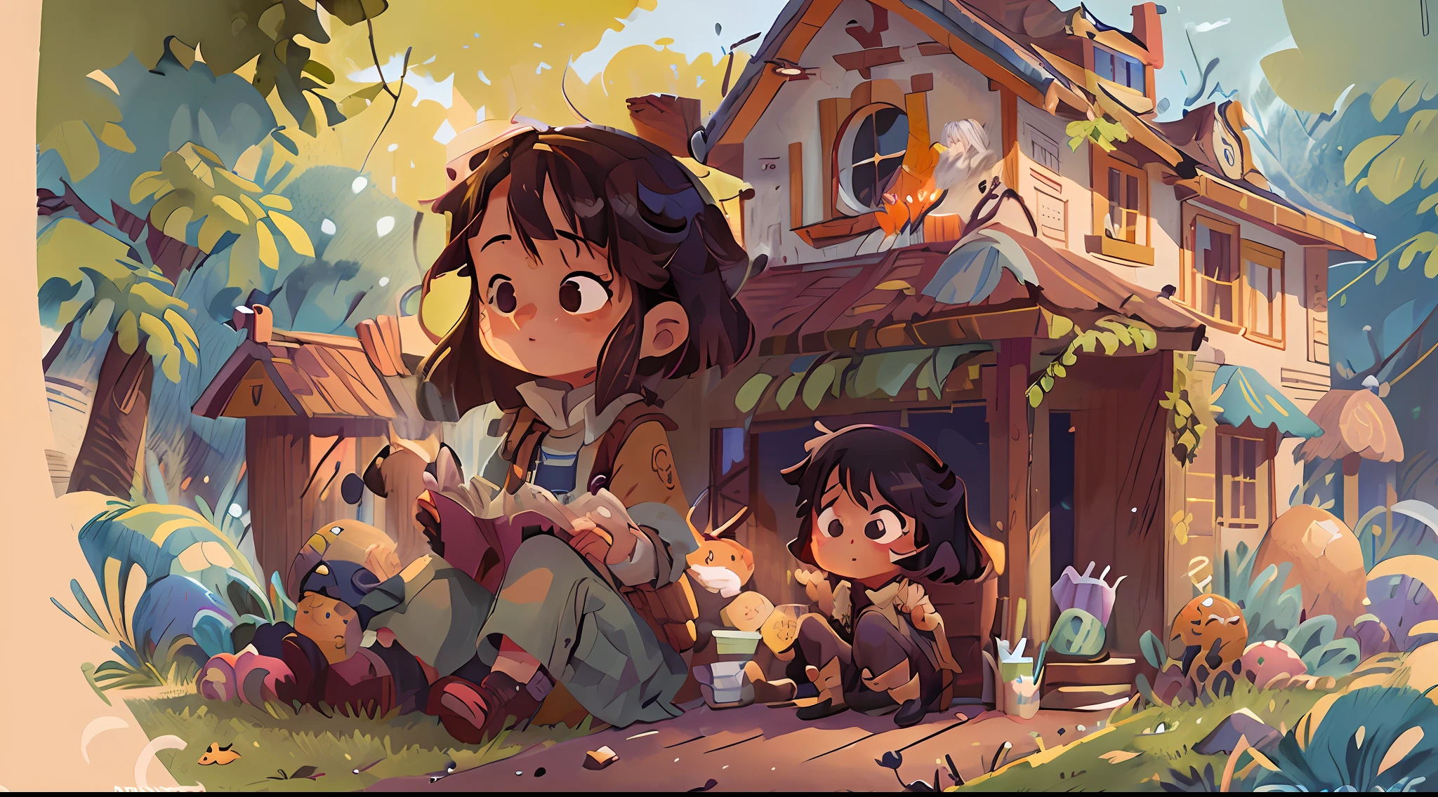 there is an adult with her young daughter, both black-haired, sitting outside a very poor small house, a storybook illustration by Yeong-Hao Han, pixiv, concept art, children's art in artstation, art in the style of guweiz, lovely digital painting, a beautiful art illustration, guweiz in artstation pixiv, guweiz in pixiv artstation, cute detailed digital art