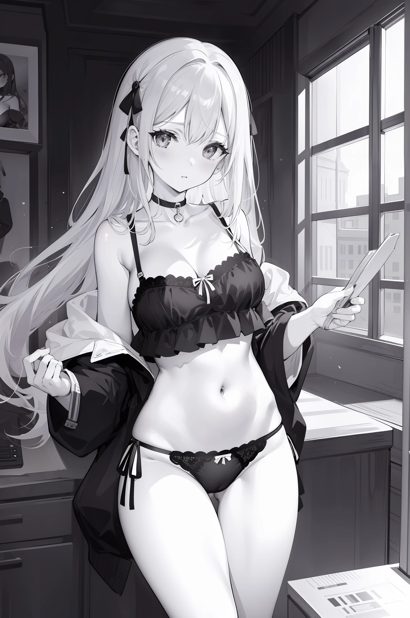monochrome, girl, underwear, navel, thighs, black underwear, side tie panties, big