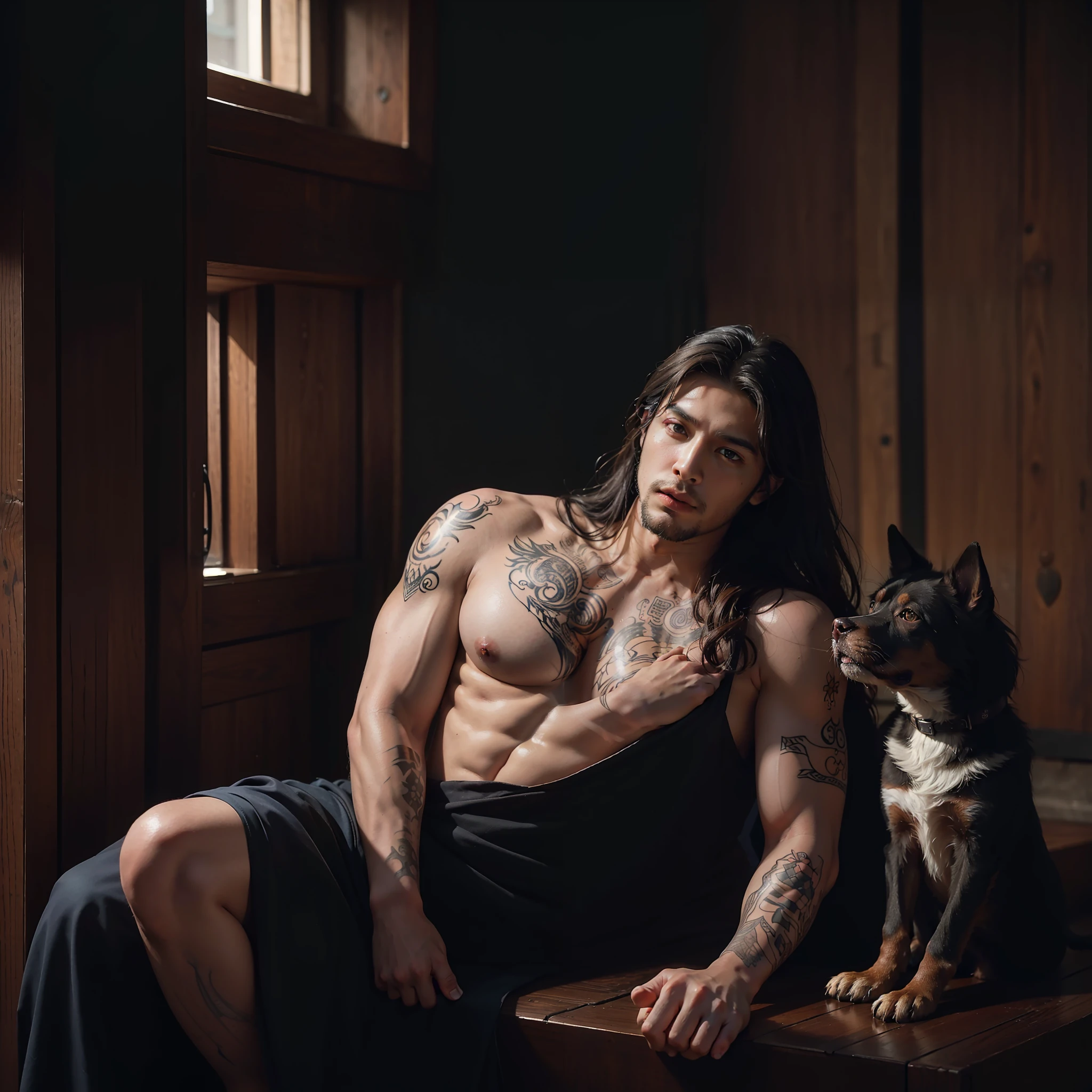 A photorealistic portrait of a insanely handsome young man, no shirts, very strong, chiseled and extremely tattooed sitting on a step next to a big dog, a large door as the background, a colorized photo by Jesse Richards, instagram contest winner, maximalism, masculine, handsome, grotesque, photograph, detailed symmetric realistic face, extremely detailed natural texture, peach fuzz, long hair, masterpiece, absurdres, nikon d850 film stock photograph, kodak portra 400 camera f1.6 lens, extremely detailed, amazing, fine detail, hyper realistic lifelike texture, dramatic lighting, unrealengine, trending on artstation, cinestill 800 tungsten, looking at the viewer, photo realistic, RAW photo, TanvirTamim, high quality, highres, sharp focus, extremely detailed, cinematic lighting, 8k uhd,-imagine-