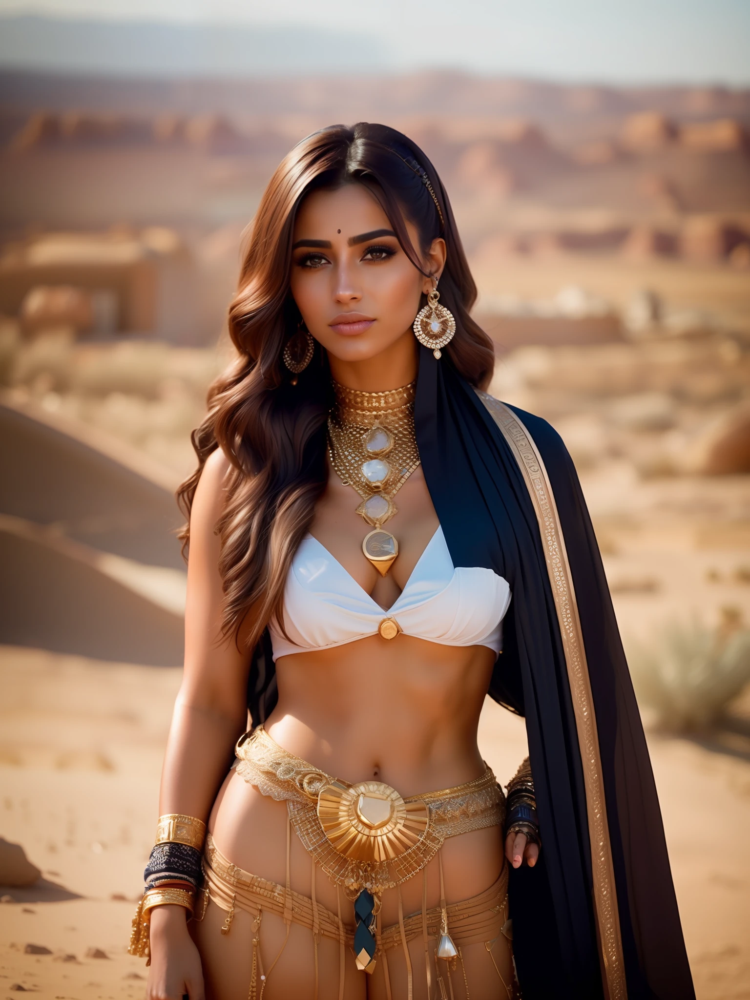 fking_scifi, fking_scifi_v2, portrait of a young, seductive, extremely beautiful and attractive Arabic woman, in front of a city in the desert, long messy hair, rich colorful clothes and golden jewelry, close up, regal pose and attitude. fking_cinema_v2.