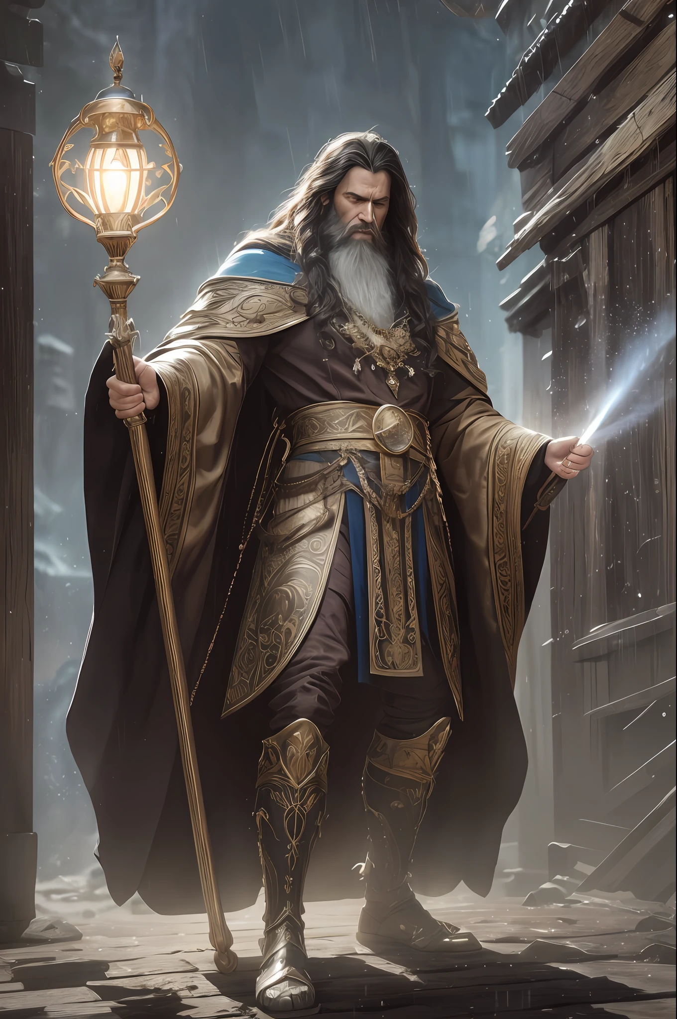 Photo of the most beautiful work of art in the world illustrating the prophet Moses, ((fantasy)) serious look long hair and long beard posture, holding his wooden staff, long striped robes, fantastic location, majestic desert environments, full body 8k unit rendering, action photo, skin pores, very dark lighting, heavy shadows, detailed and detailed face, (vibrant, photorealistic, realistic, dramatic, dark, sharp focus, 8k), (intricate: 1.4), decadent, (highly detailed: 1.4), digital painting, octane rendering, artstation, concept art, smooth, sharp focus, illustration, artgerm art, (loish: 0.23), wlop Ilya Kuvshinov, and Greg Rutkowski and Alphonse Mucha Gracias, (global lighting, studio light, volumetric light), heavy rain, floating particles