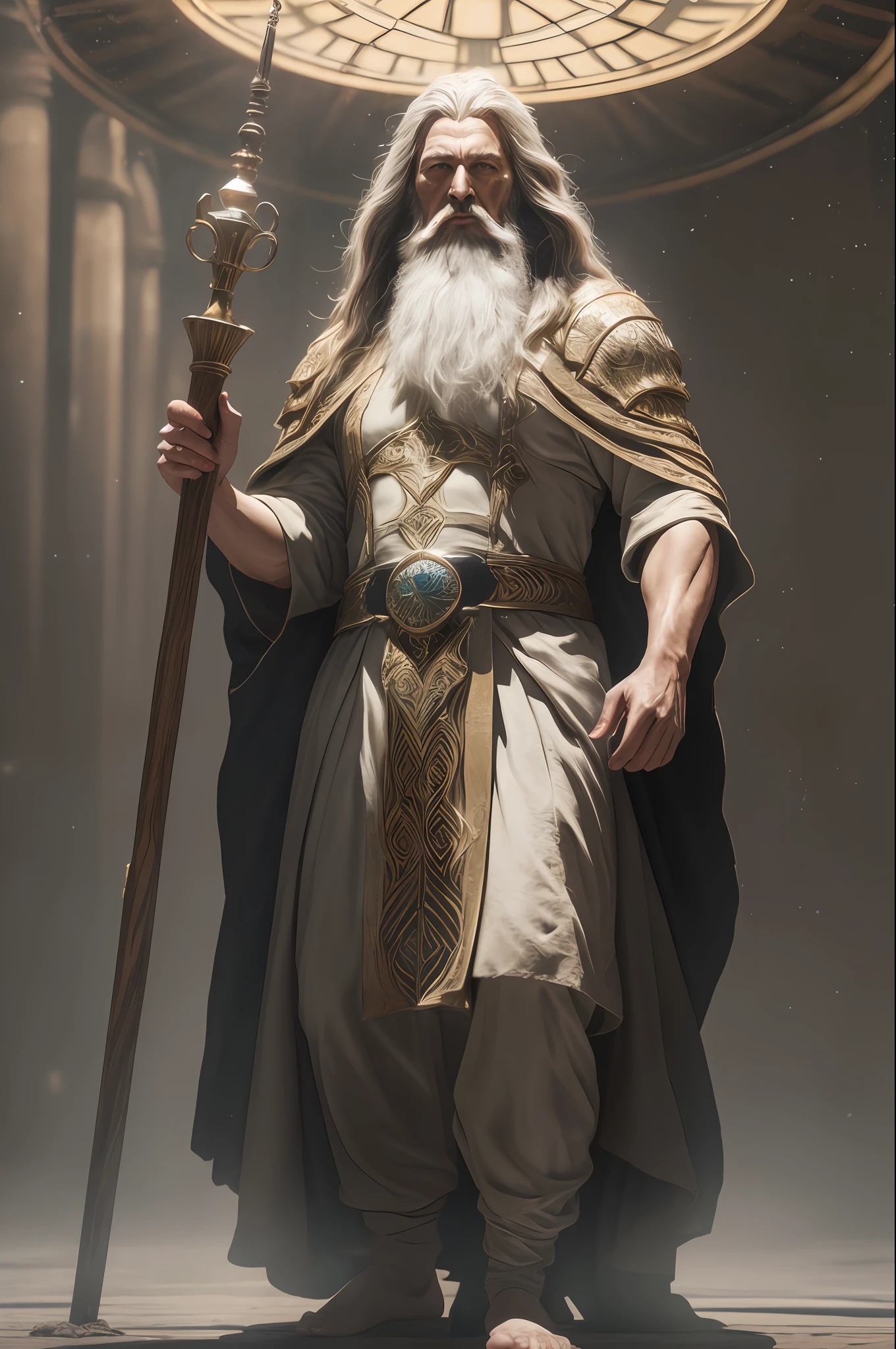 Photo of the most beautiful work of art in the world illustrating the prophet Moses, ((fantasy)) serious look long hair and long beard posture, holding his wooden staff, long striped robes, fantastic location, majestic desert environments, full body 8k unit rendering, action photo, skin pores, very dark lighting, heavy shadows, detailed and detailed face, (vibrant, photorealistic, realistic, dramatic, dark, sharp focus, 8k), (intricate: 1.4), decadent, (highly detailed: 1.4), digital painting, octane rendering, artstation, concept art, smooth, sharp focus, illustration, artgerm art, (loish: 0.23), wlop Ilya Kuvshinov, and Greg Rutkowski and Alphonse Mucha Gracias, (global lighting, studio light, volumetric light), heavy rain, floating particles