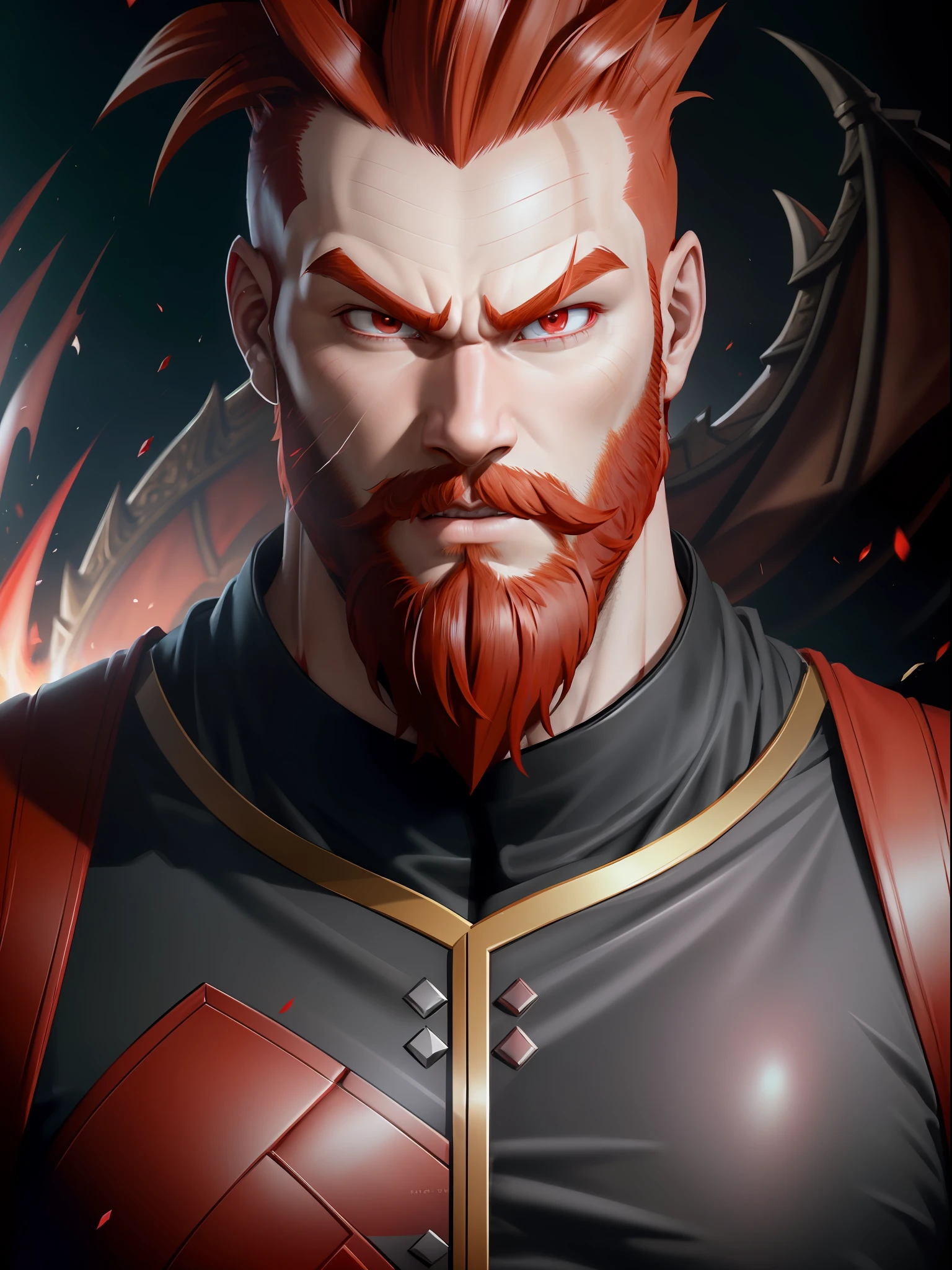 Male, red hair, red eyebrows, red bushy beard, royal background, 4k, dragon ball super, full body in frame, hyper realistic, sharp details, sharp focus, octane render, cinematic, hyper realism, Intricate eyes, detailed eyes, perfect eyes, high quality eyes, intricate hand