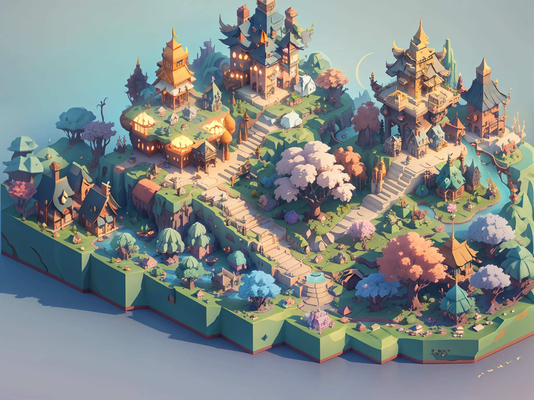 top down flat view, fantasy world 3d map rendered by Cinema4D, isolated on gradient background, Game architecture design, cartoon, some small houses, farms, barracks, warehouses, flower houses, 3d, blender, masterpiece, super detail, best quality, --v6