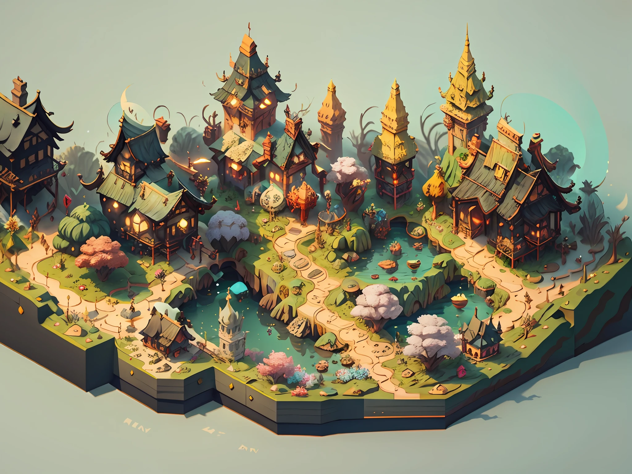 top down flat view, fantasy world 3d map rendered by Cinema4D, isolated on gradient background, Game architecture design, cartoon, some small houses, farms, barracks, warehouses, flower houses, 3d, blender, masterpiece, super detail, best quality, --v6
